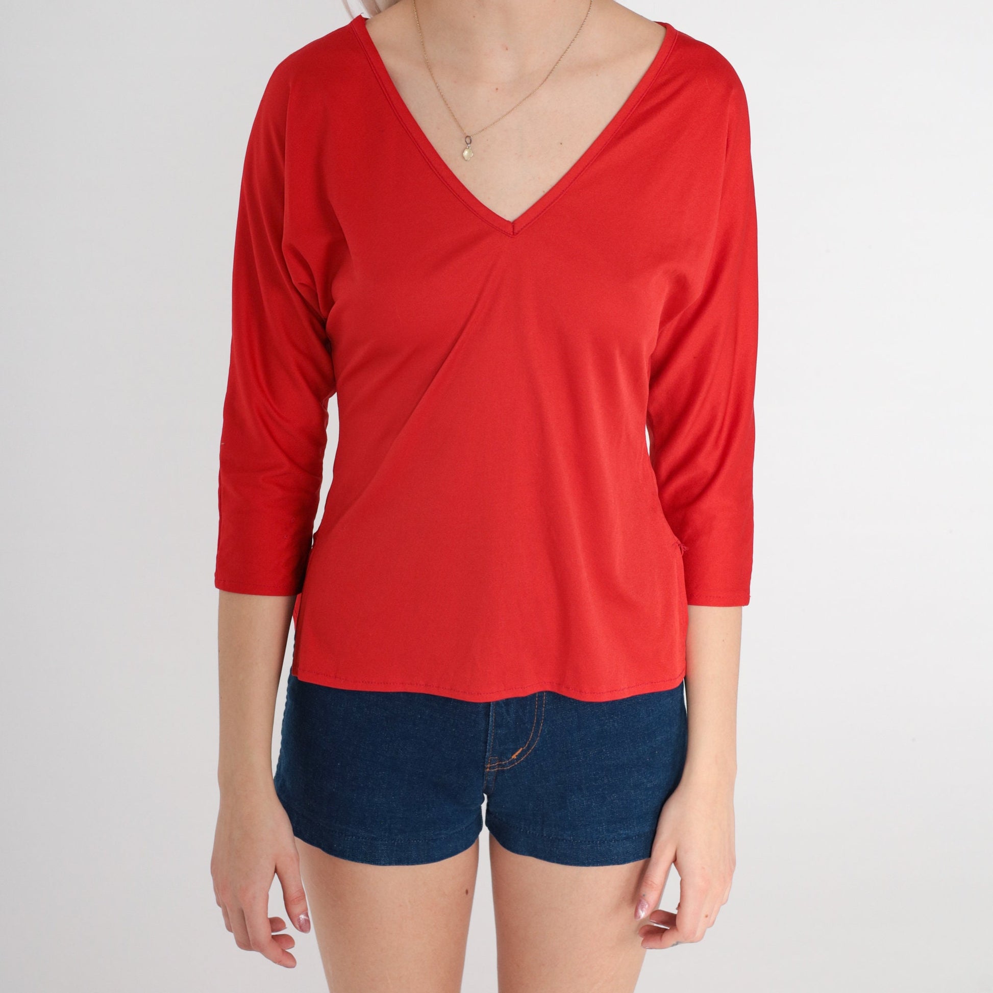 70s Red V-Neck Dolman Sleeve Blouse Polyester Vintage Small Medium