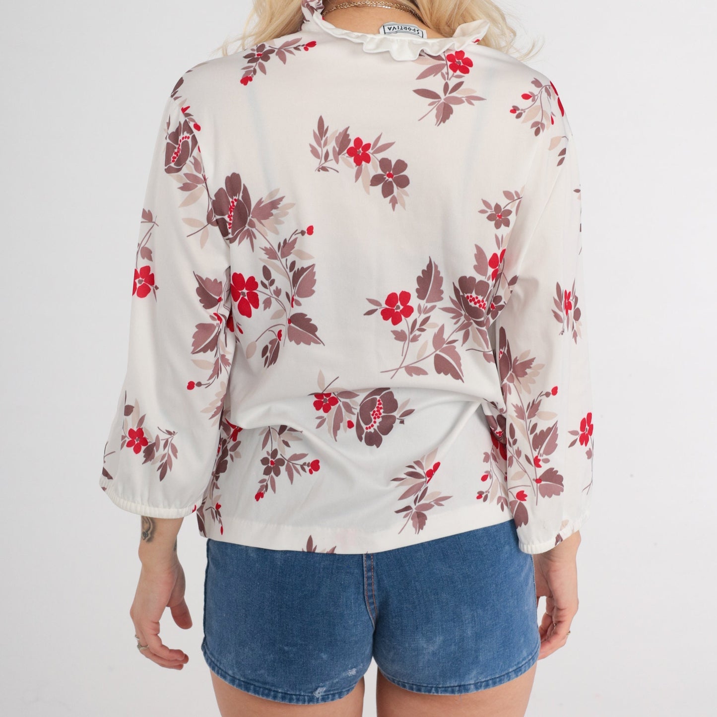 70s Floral Blouse Ruffle Neckline Long Sleeve White Rose Taupe Large