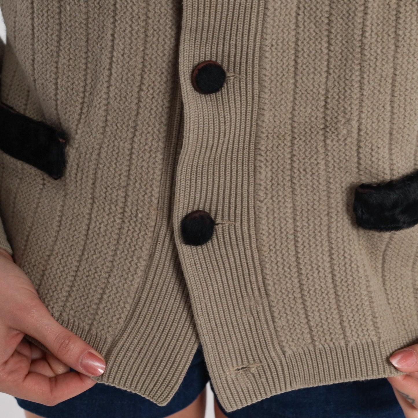 60s Taupe Wool Cardigan Leather Trim Shawl Collar Ribbed Knit Medium