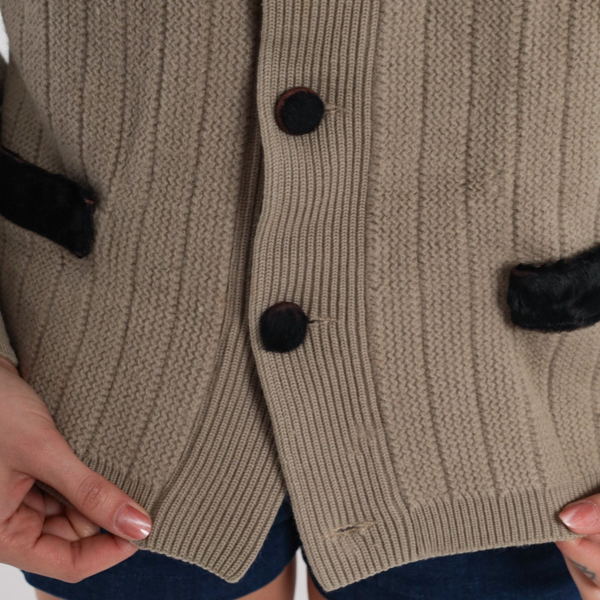 60s Taupe Wool Cardigan Leather Trim Shawl Collar Ribbed Knit Medium