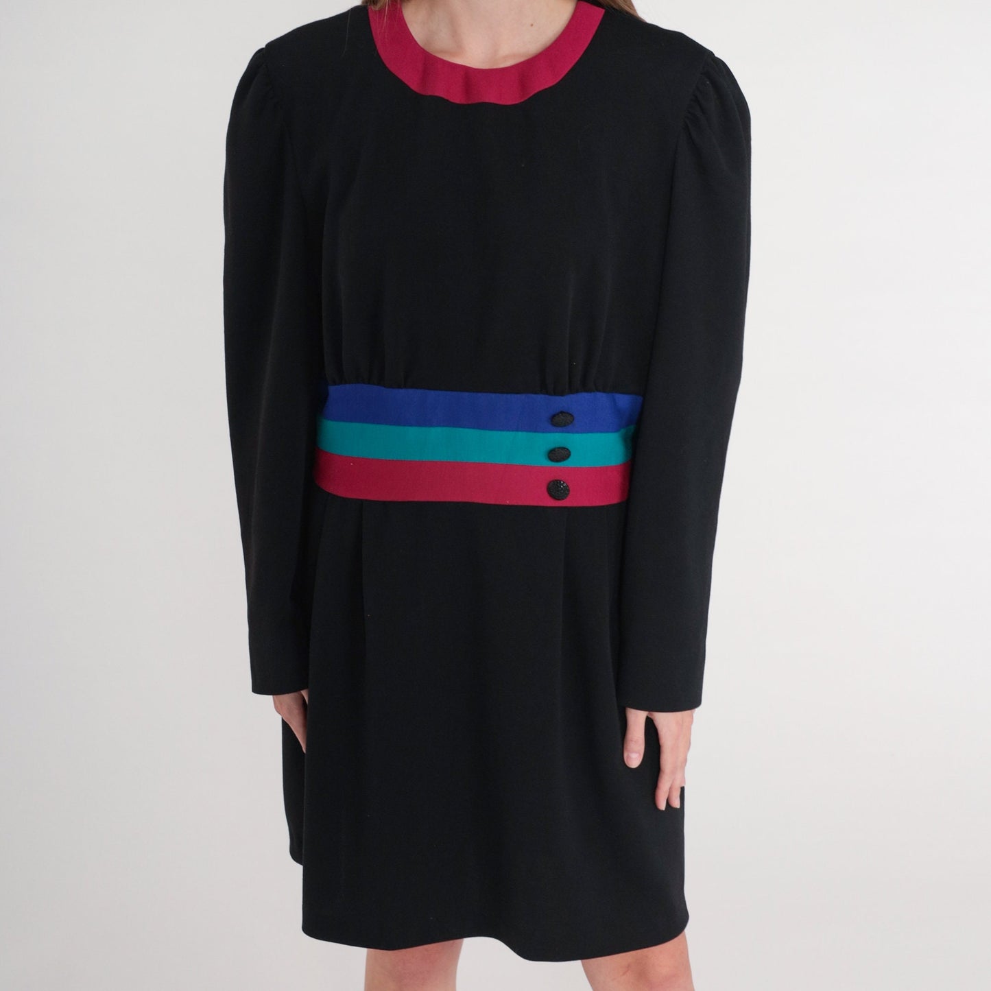 80s Leslie Fay Black Striped Mini Dress Puff Sleeve Shift Medium Large