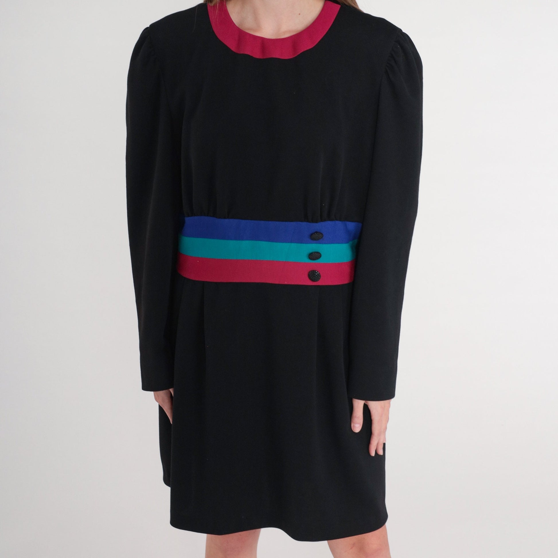 80s Leslie Fay Black Striped Mini Dress Puff Sleeve Shift Medium Large