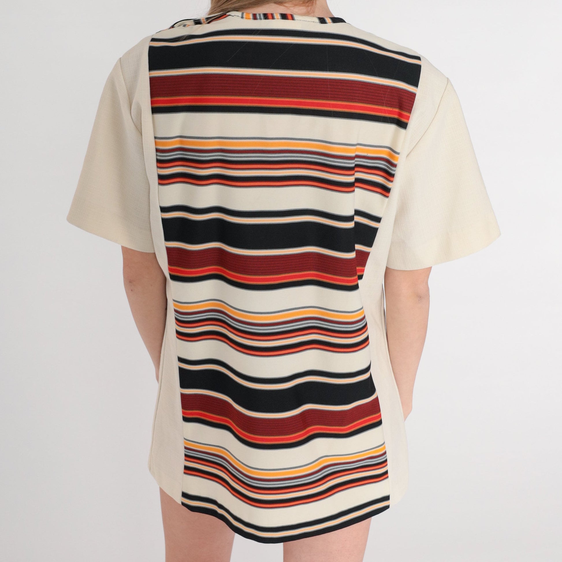 70s Mod Striped Shift Dress Micro Mini Off-White Red Yellow Short Sleeve XS