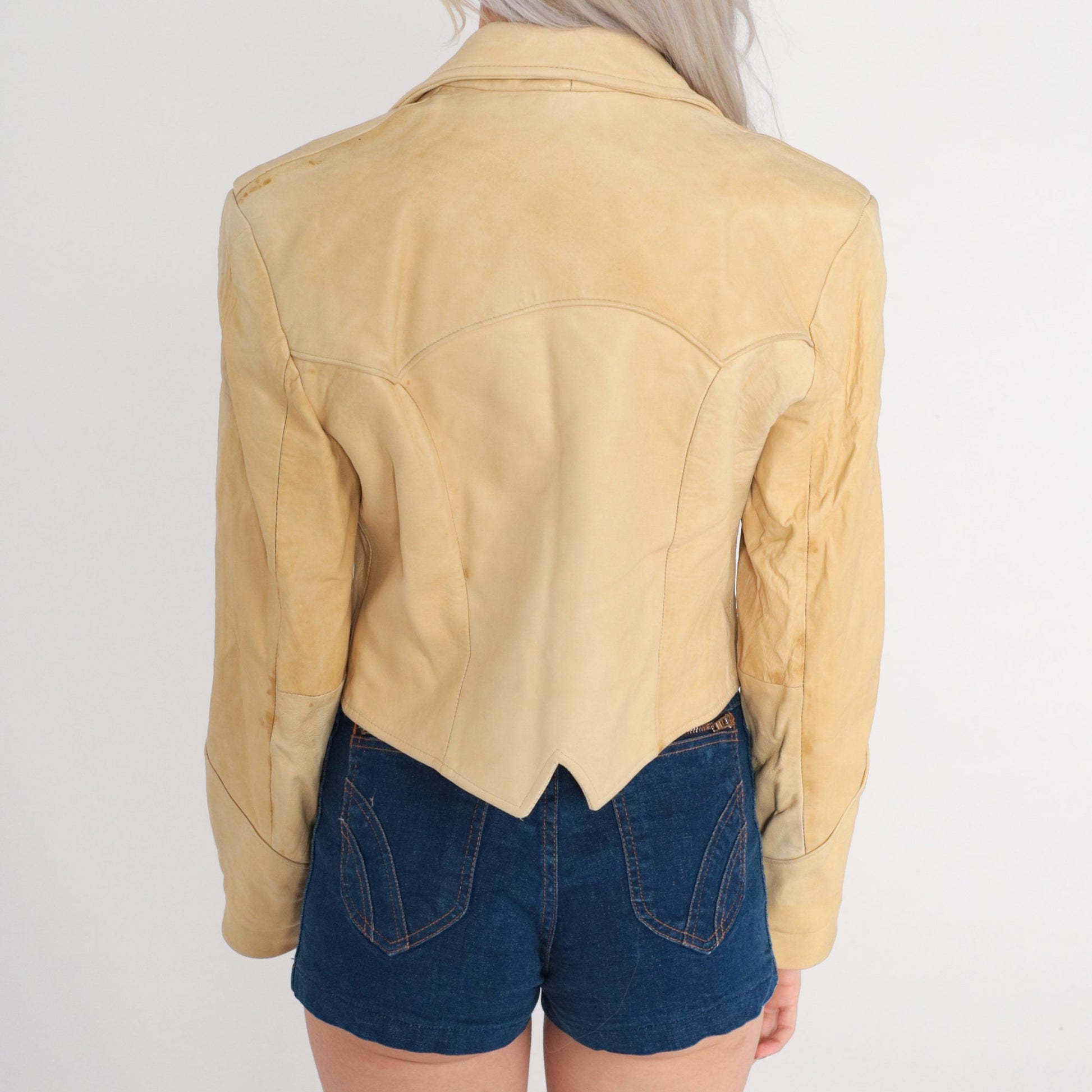 80s Pioneer Wear Leather Blazer Cropped Deep V Neck Sand Yellow Extra Small