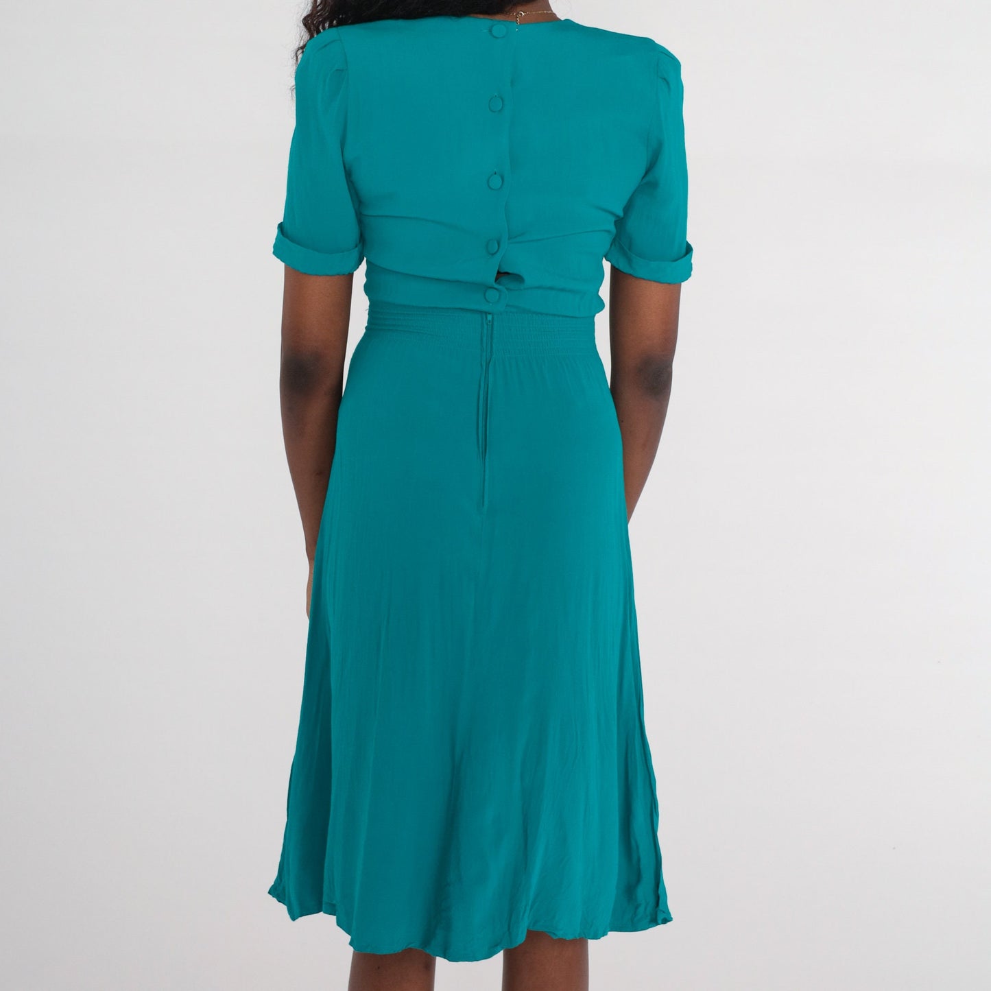 80s Teal Beaded Midi Dress Puff Sleeve High Waist Button Front Extra Small