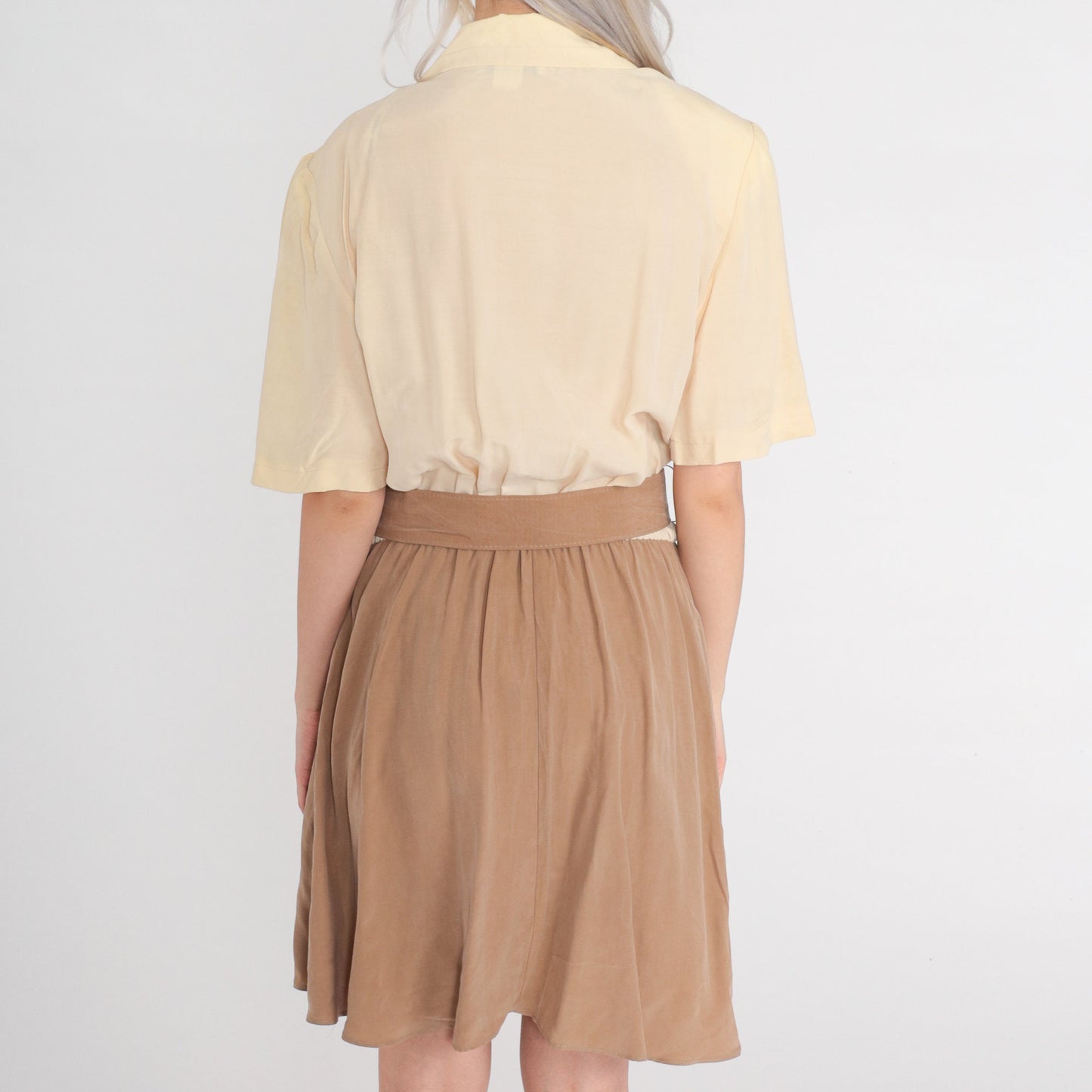 80s Wrap Dress Cream Brown Mini V-Neck High-Waisted Pockets Belt Large L