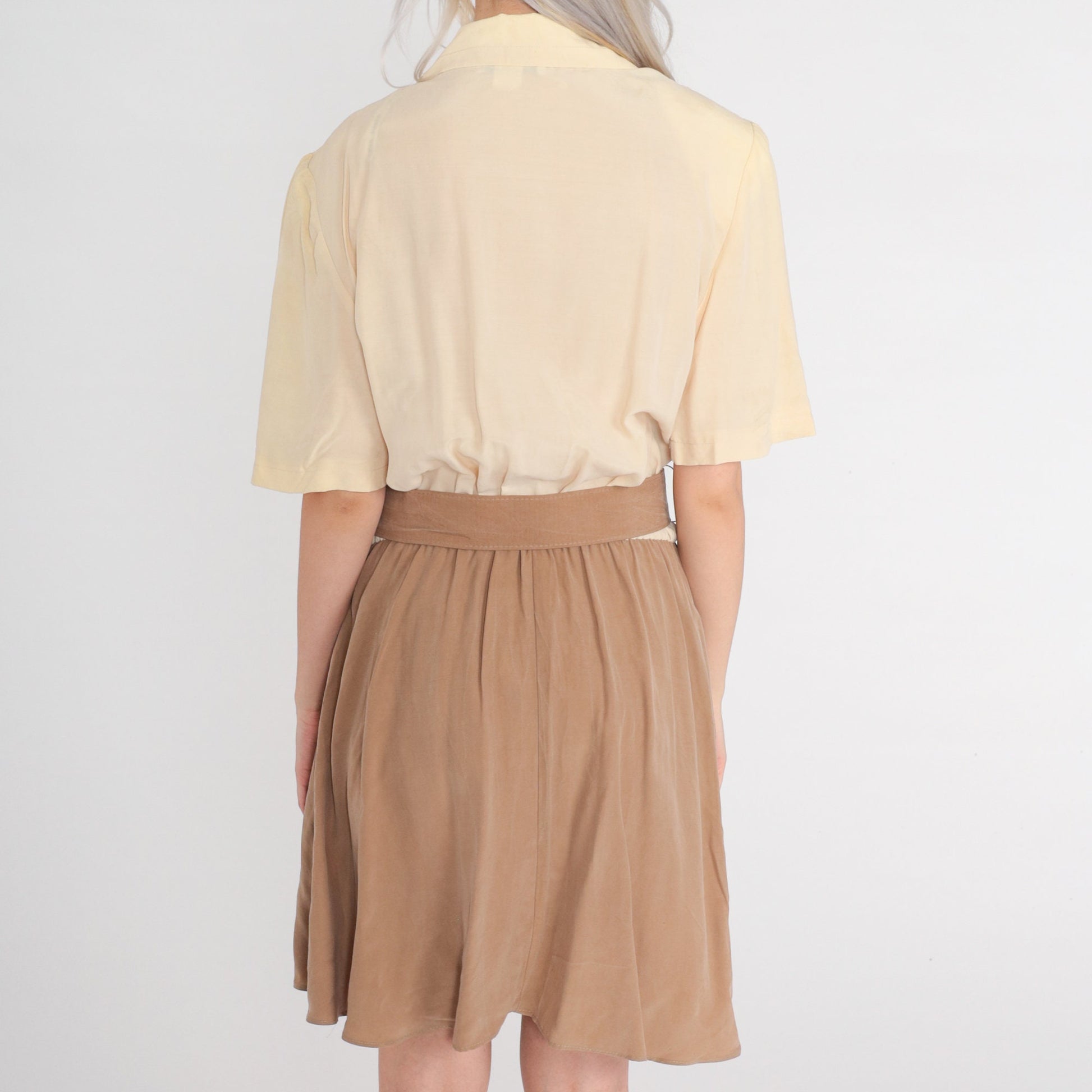 80s Wrap Dress Cream Brown Mini V-Neck High-Waisted Pockets Belt Large L