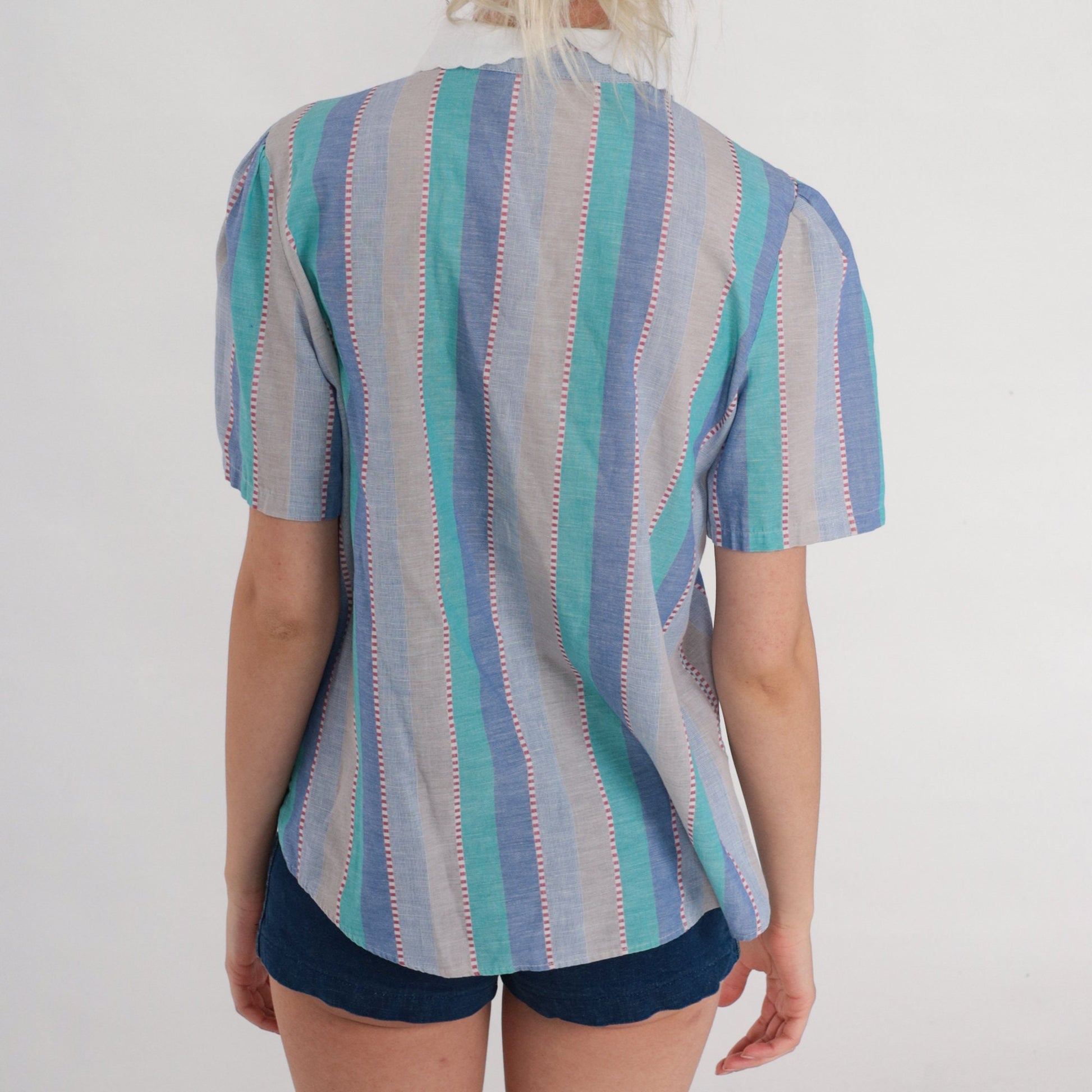 80s Striped Blouse Lace Collar Puff Sleeve Button Up Floral Embroidered Blue Green Medium