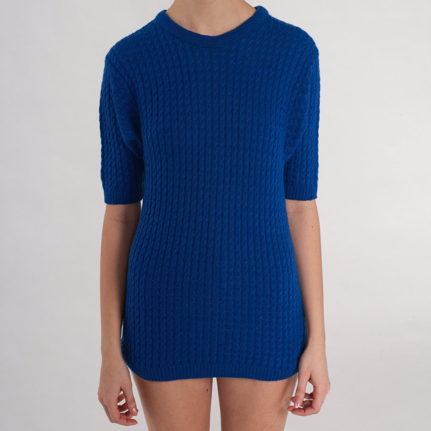 70s Pendleton Blue Wool Cable Knit Sweater Short Sleeve Crewneck Small