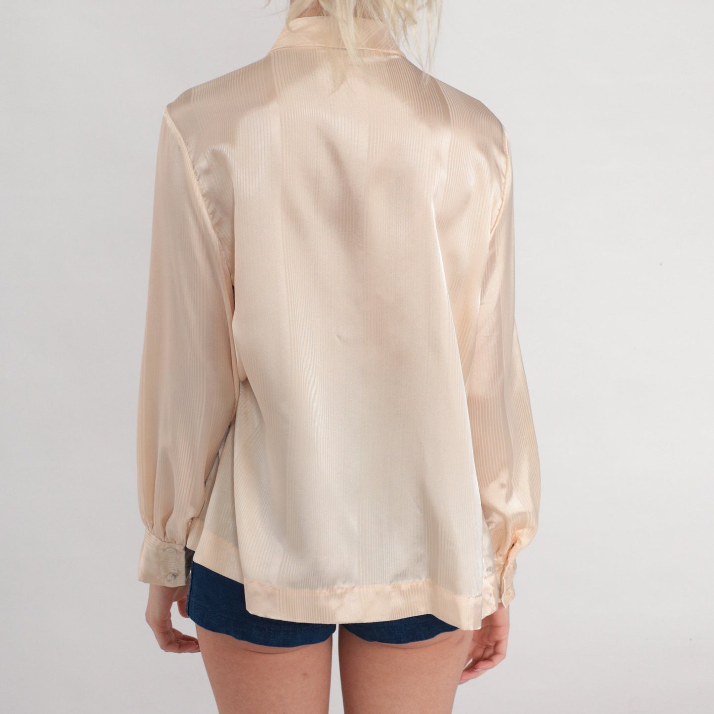 80s Blush Ascot Blouse Shiny Balloon Sleeve Button Up Medium