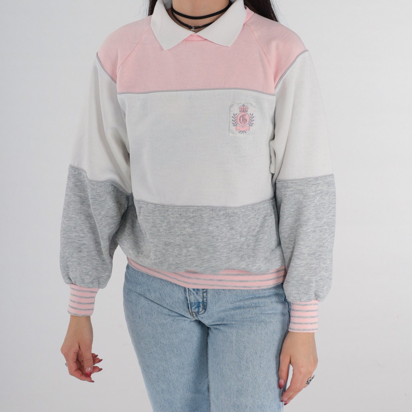 90s Colour Block Sweatshirt Grey Pink White Crest Pullover Medium
