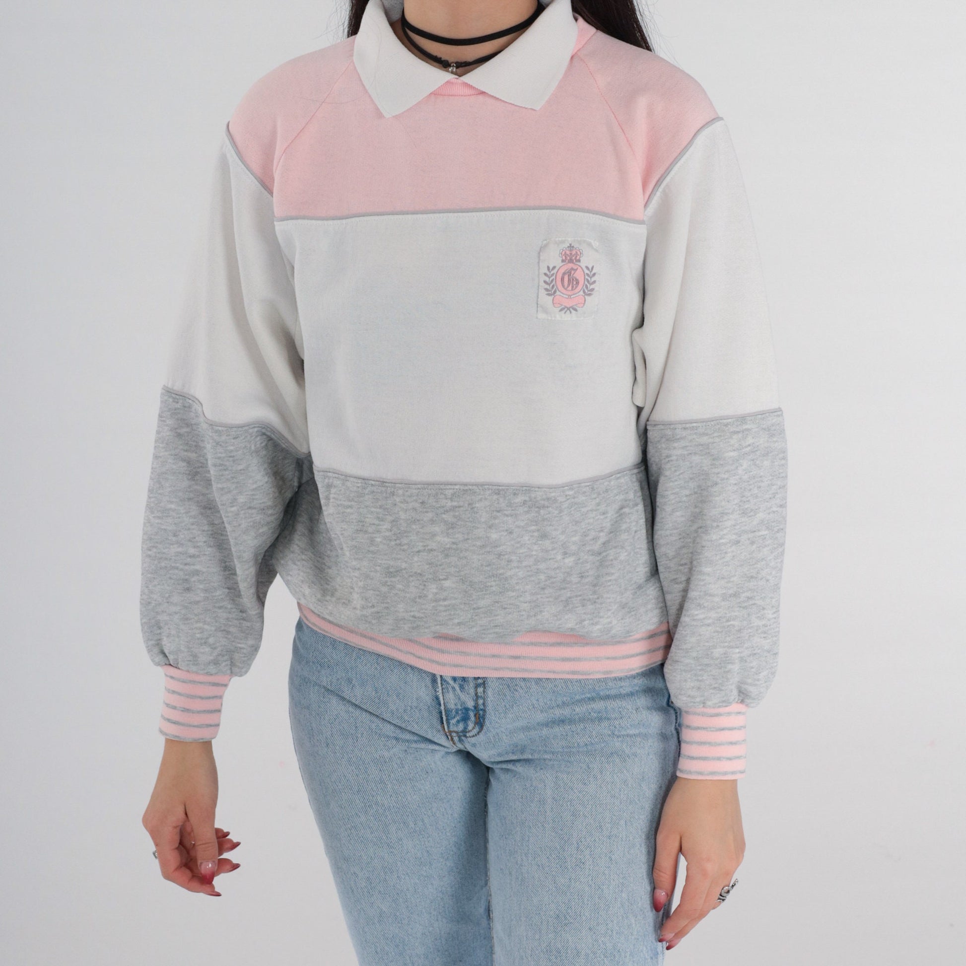90s Colour Block Sweatshirt Grey Pink White Crest Pullover Medium