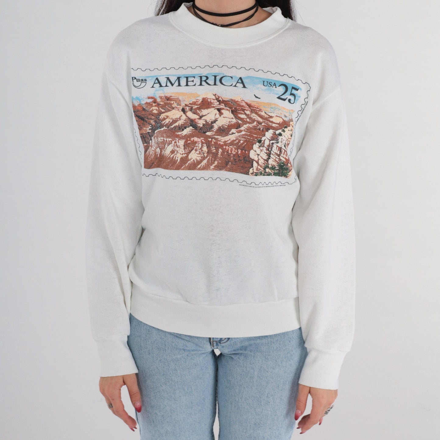 90s Puas America Grand Canyon Stamp Sweatshirt White Distressed Small