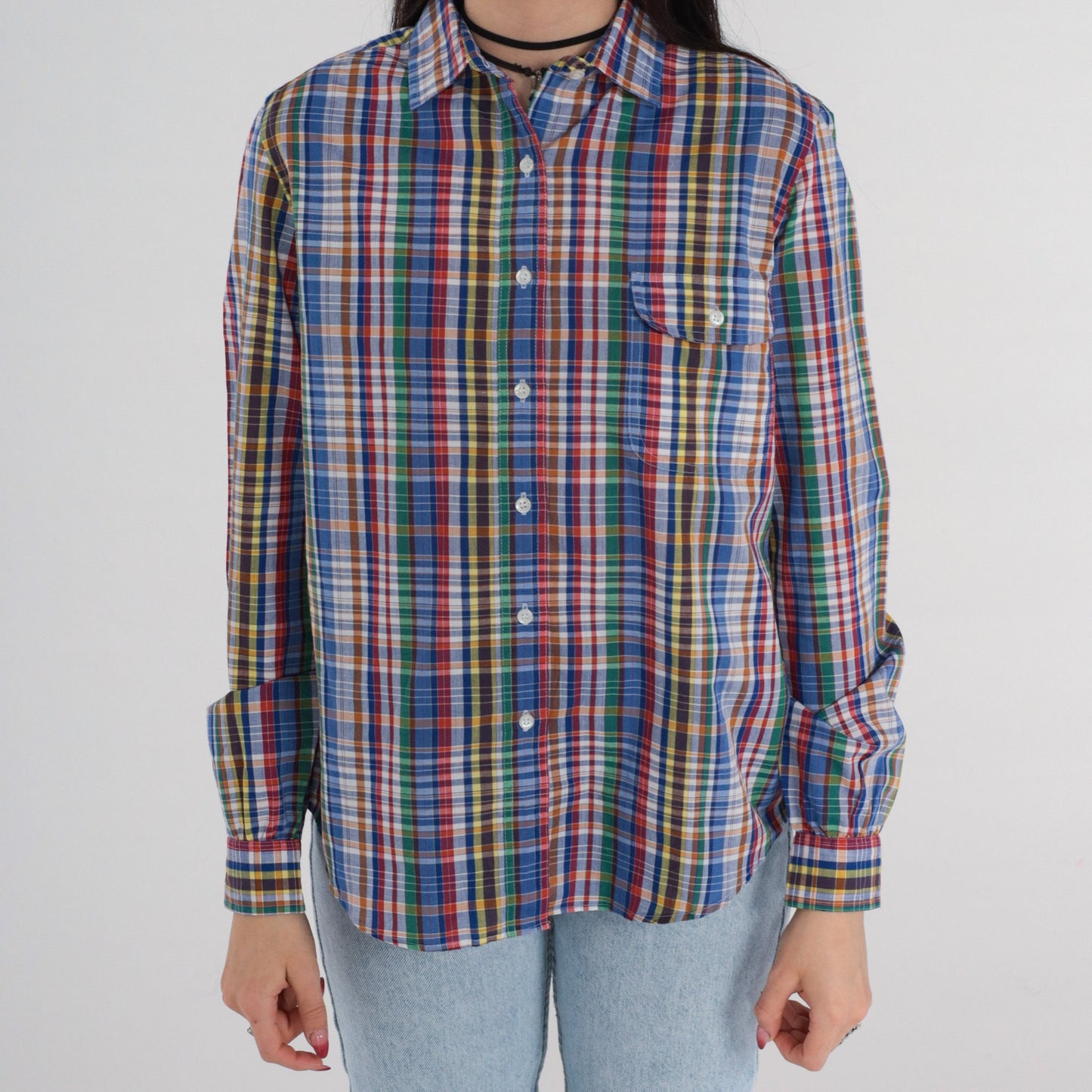 90s Blue Plaid Button Up Blouse Long Sleeve Cotton Blend Small S