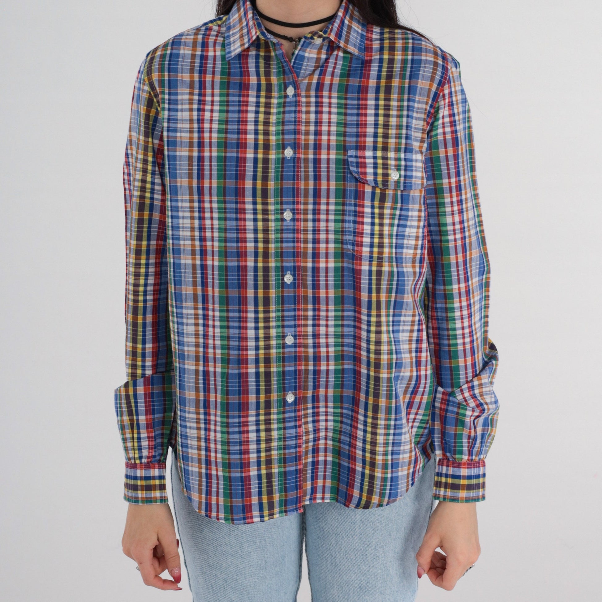 90s Blue Plaid Button Up Blouse Long Sleeve Cotton Blend Small S