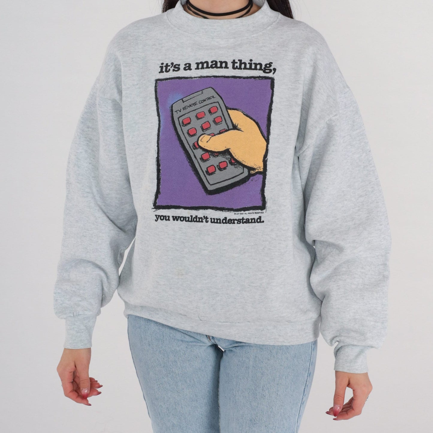 90s Remote Control Graphic Sweatshirt "It's a Man Thing" Grey Pullover Large