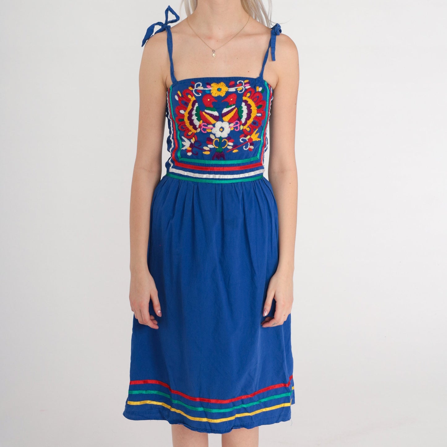 70s Mexican Embroidered Peacock Midi Dress Blue Cotton Smocked Small