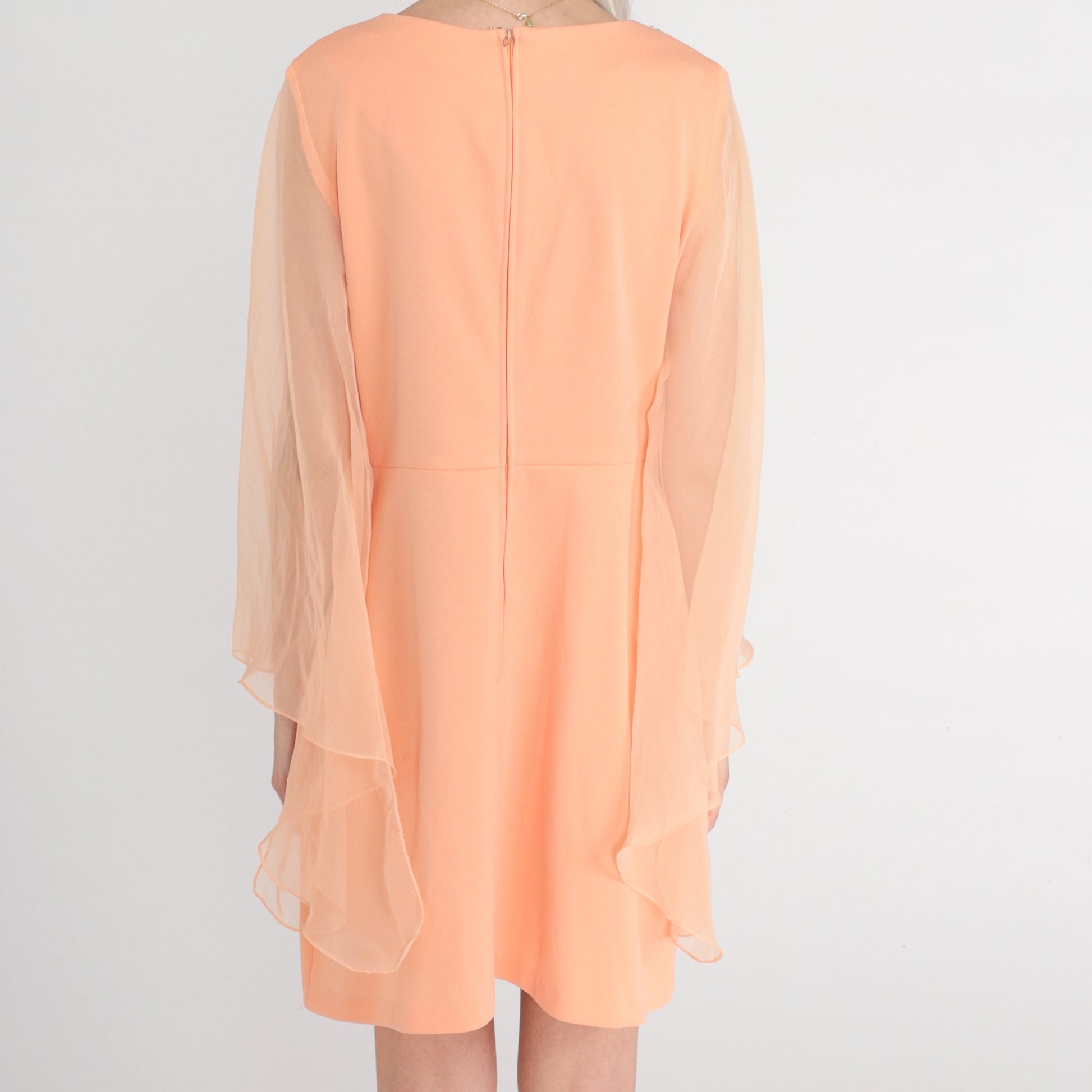 1960s Peach Babydoll Mini Dress Angel Sleeve Beaded Keyhole Medium Large