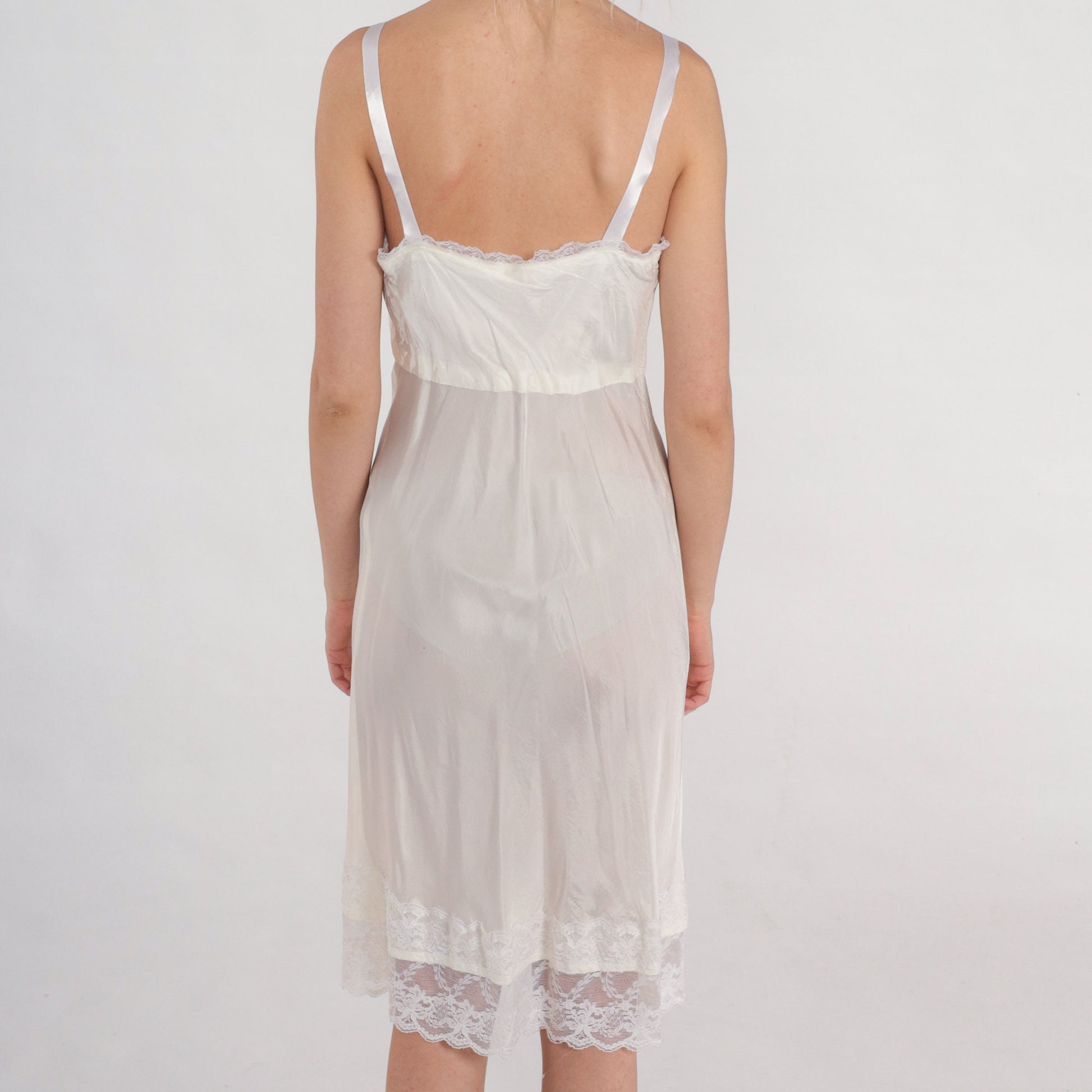 70s White Lace Trim Slip Dress Empire Waist Knee Length XS