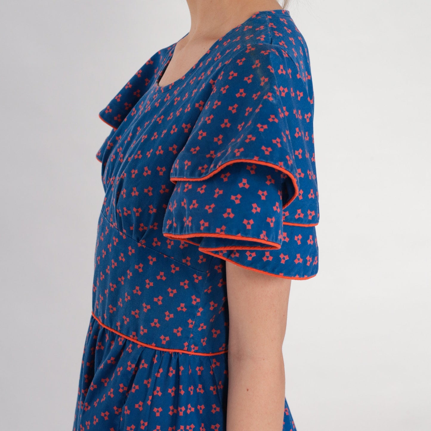 60s Blue Square Dot Mini Dress Flutter Sleeve High Waist Full Skirt Extra Small