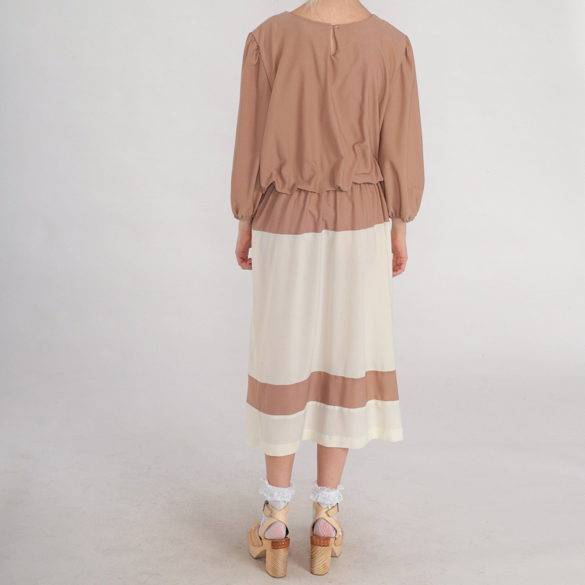 70s Striped Blouson Midi Dress Brown White Pleated Long Sleeve XXL