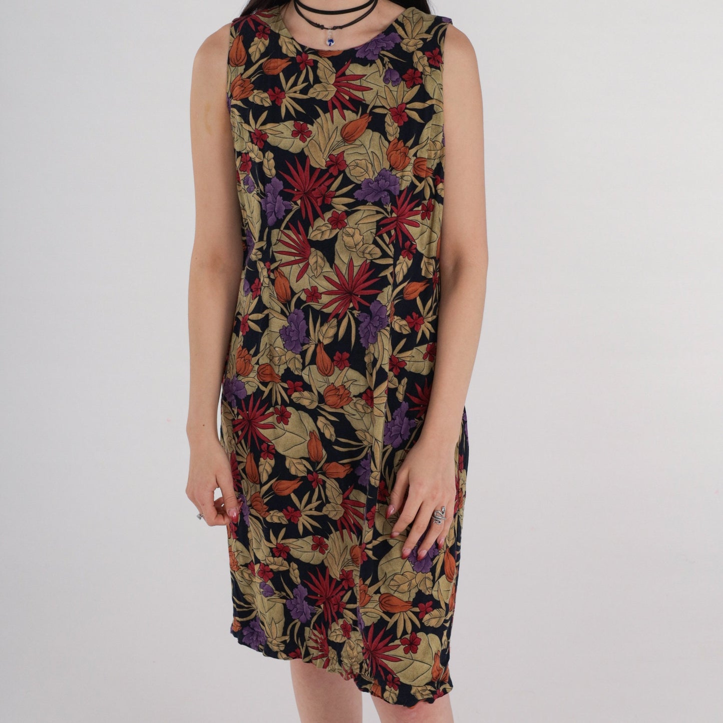 00s Tropical Floral Rayon Sheath Dress Sleeveless Knee-Length Medium