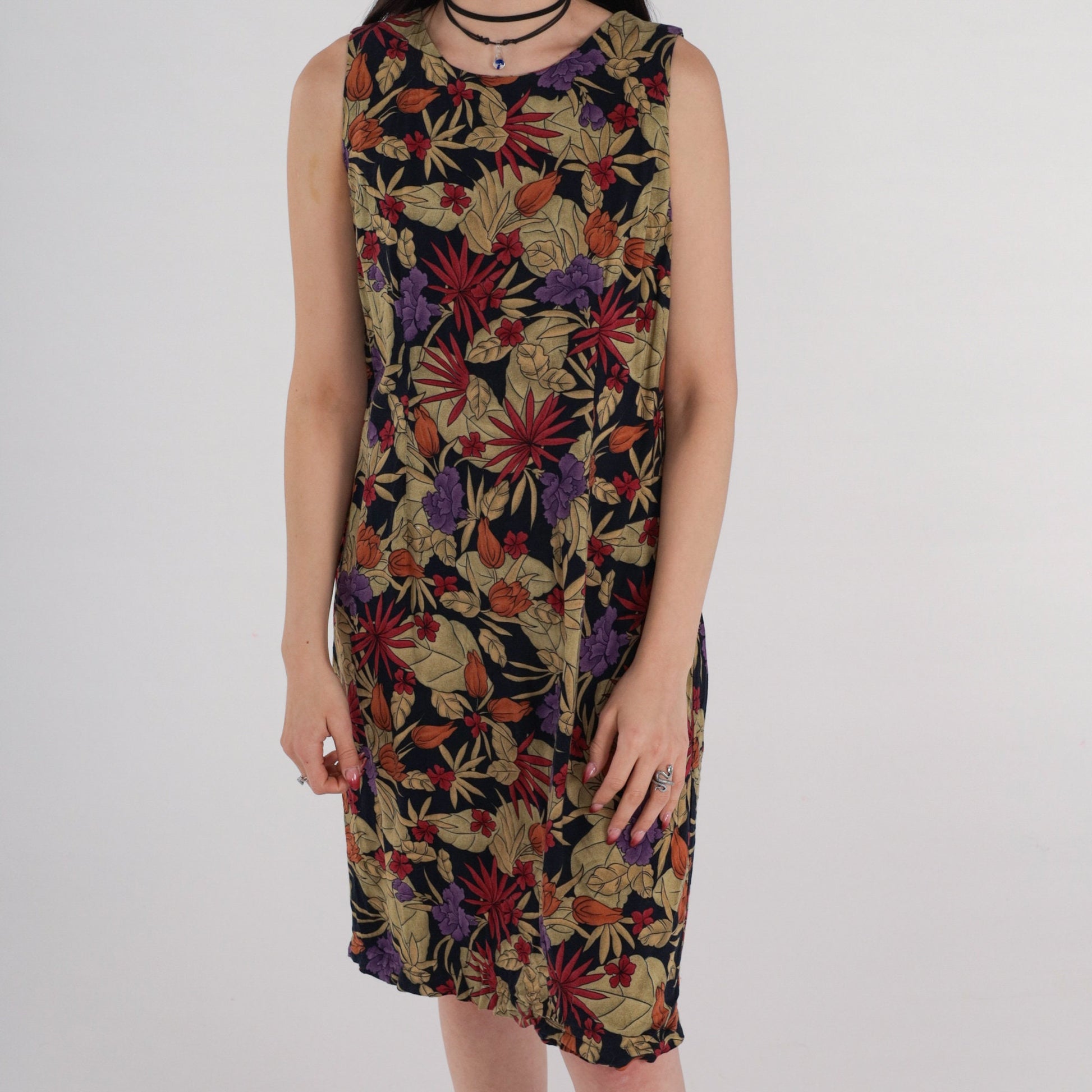 00s Tropical Floral Rayon Sheath Dress Sleeveless Knee-Length Medium