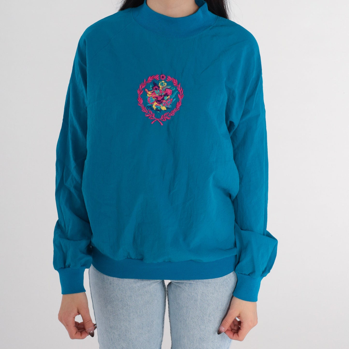 90s Blue Floral Embroidered Mockneck Sweatshirt Raglan Pullover Medium M