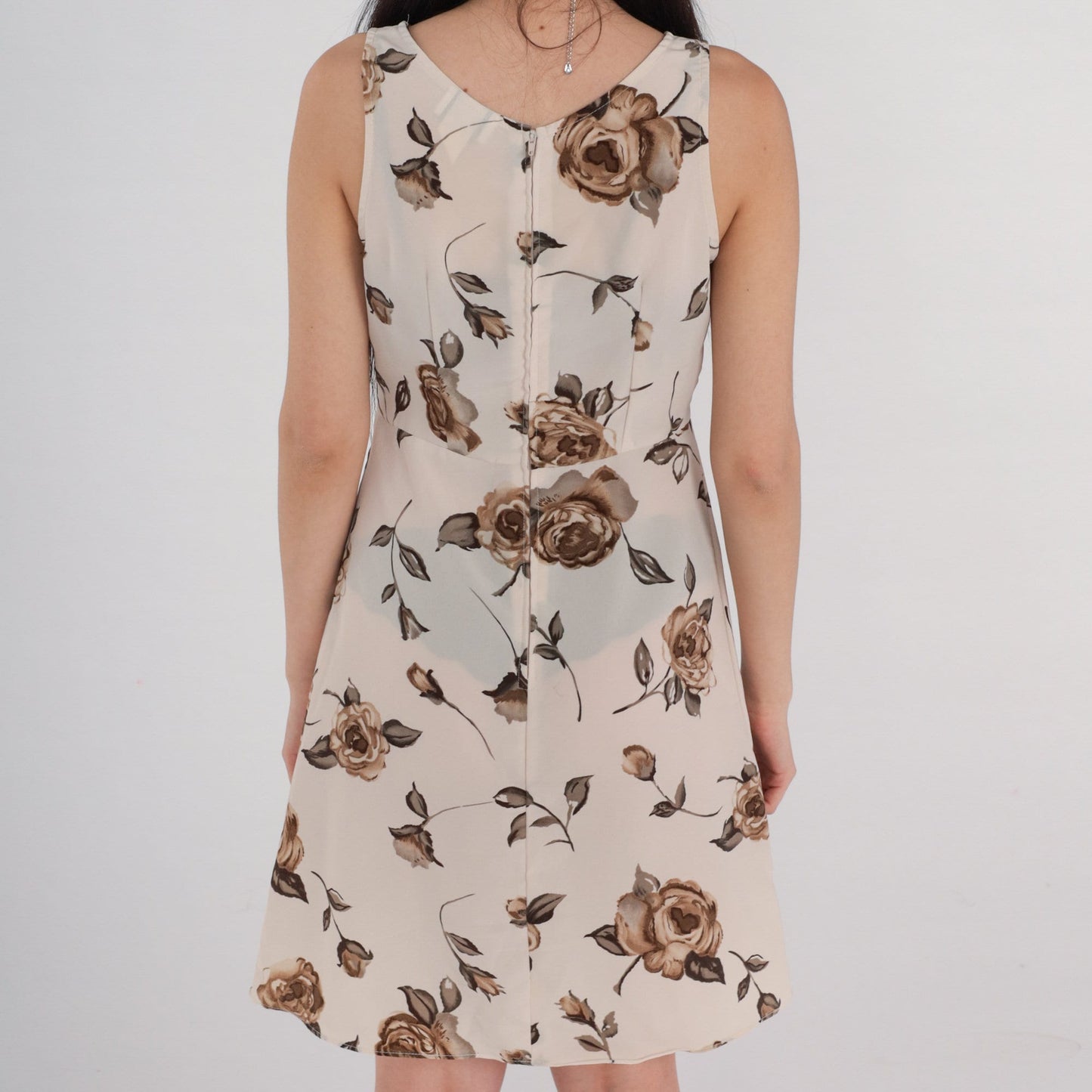 90s Floral Babydoll Dress Beige Empire Waist Lace-Up Mini Sleeveless Small