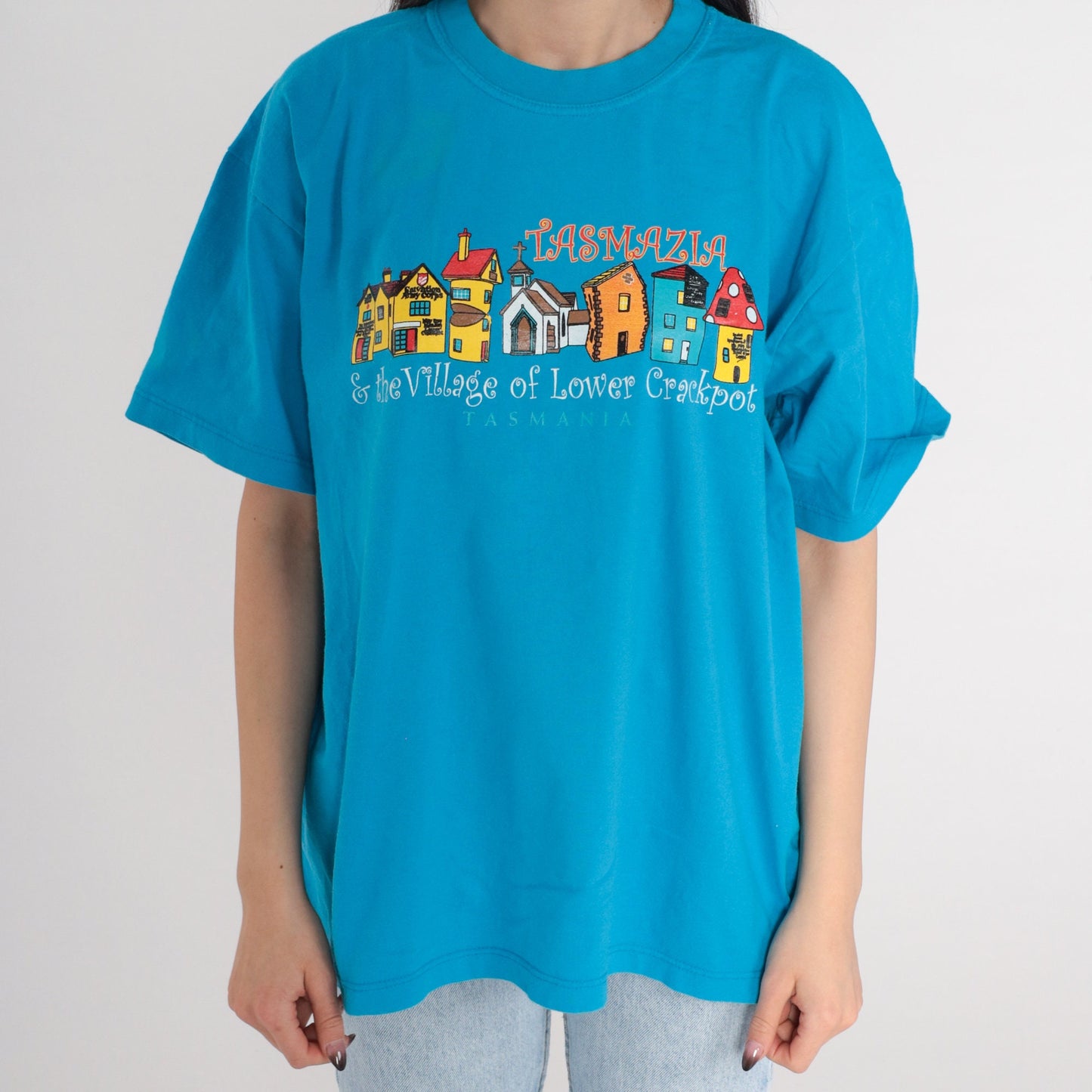 90s Tasmazia Australia Graphic T-Shirt Village Lower Crackpot Blue Large L