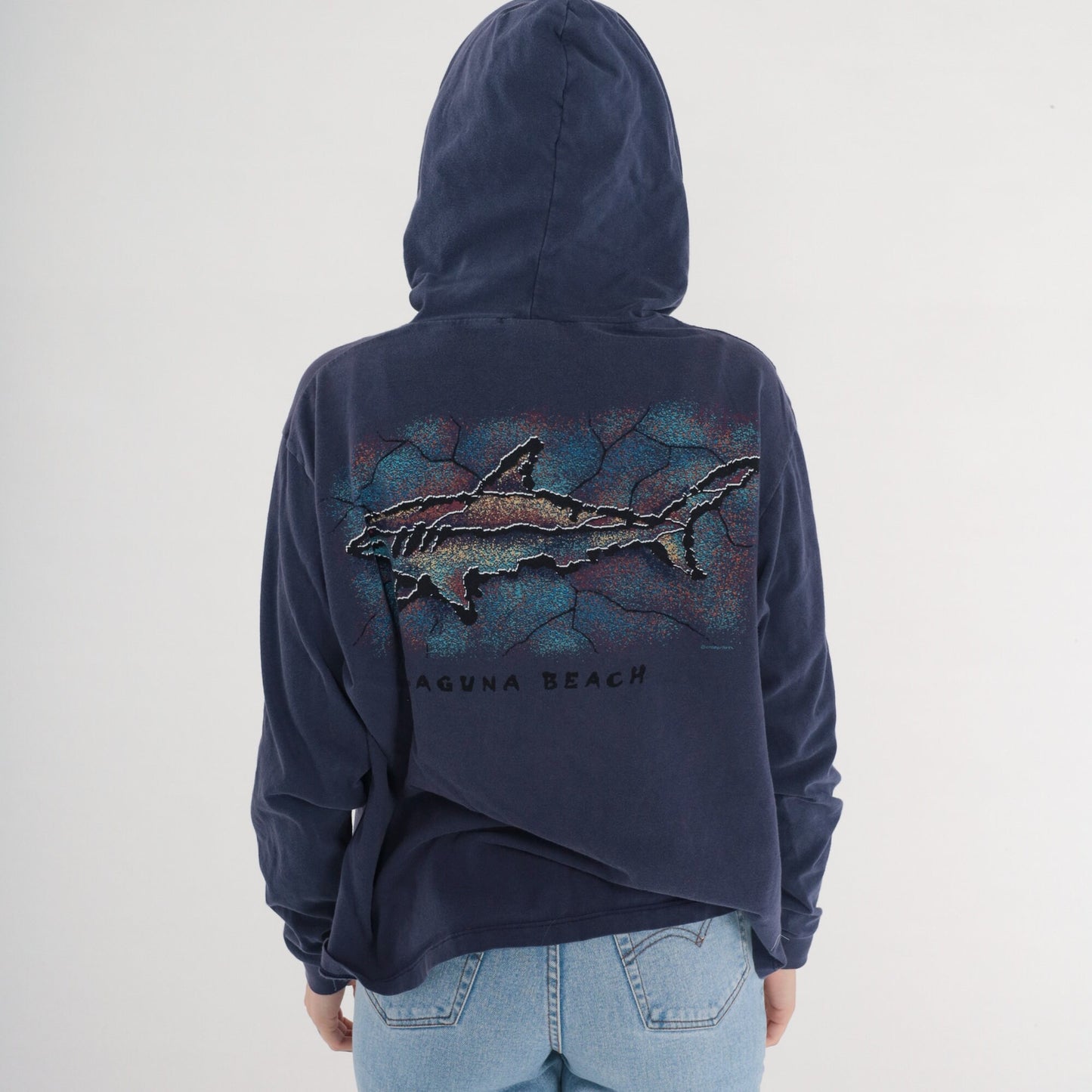 90s Crazy Shirts Laguna Beach Shark Hooded T-Shirt Navy Medium