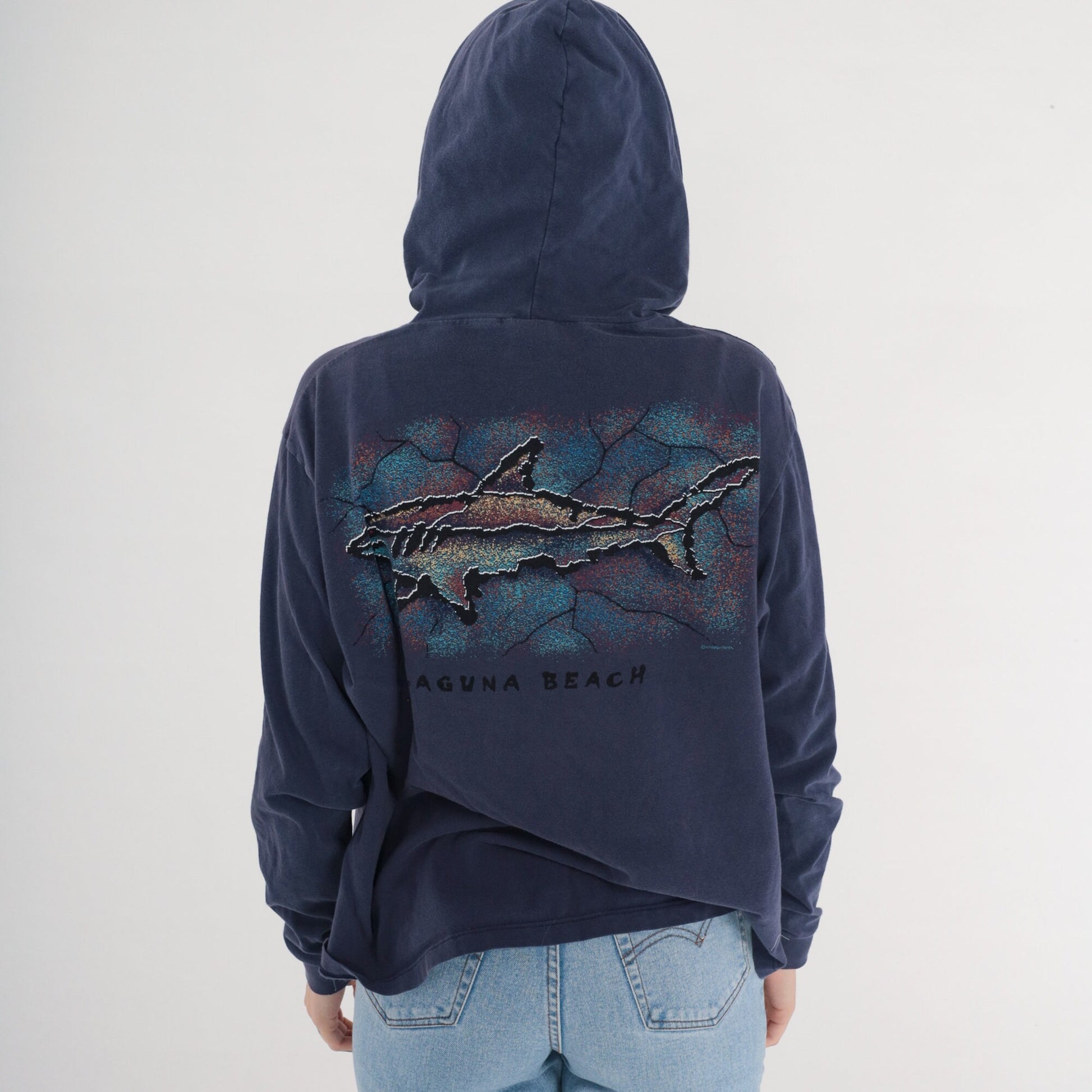 90s Crazy Shirts Laguna Beach Shark Hooded T-Shirt Navy Medium