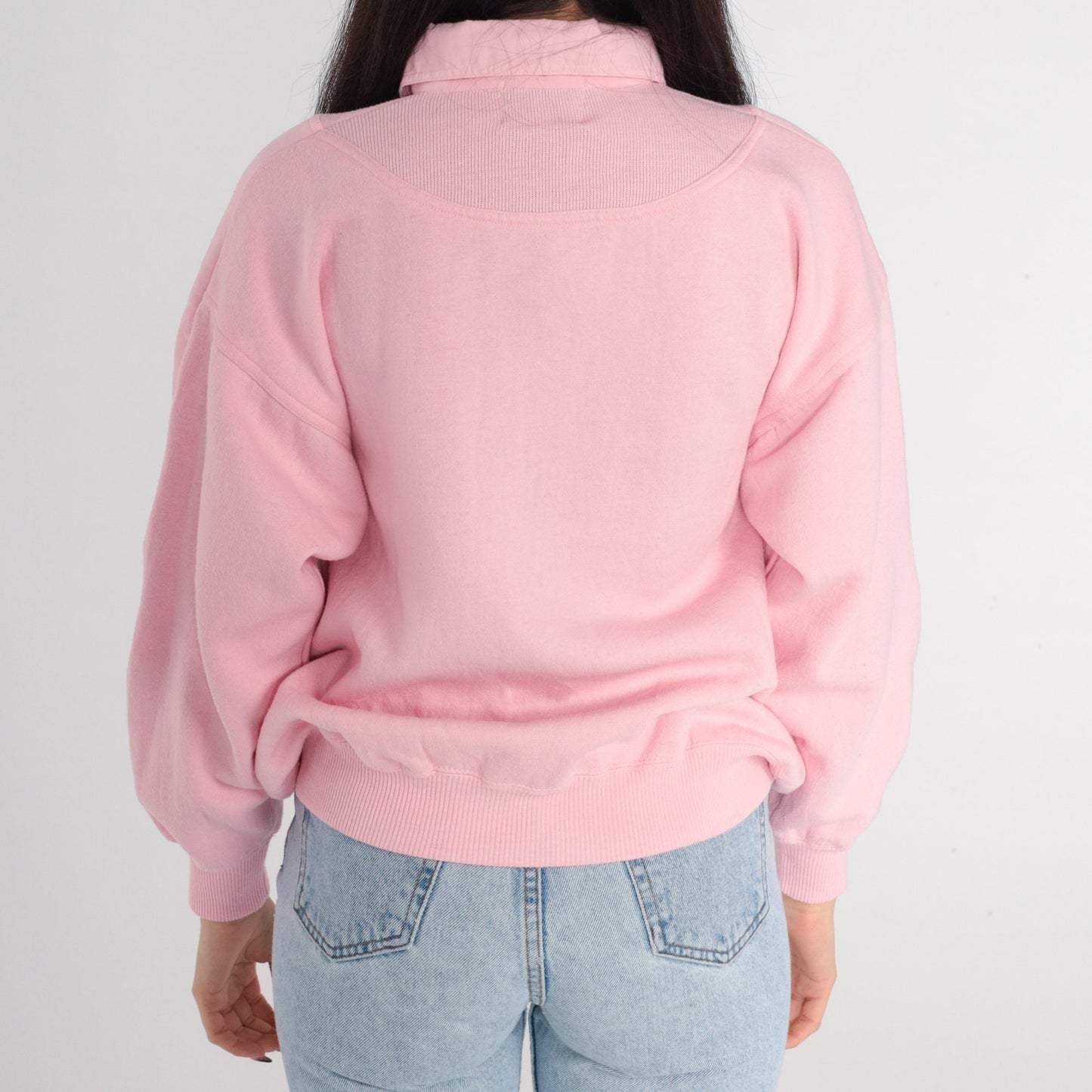 80s Baby Pink Quarter Zip Sweatshirt Striped Collar Pullover Small