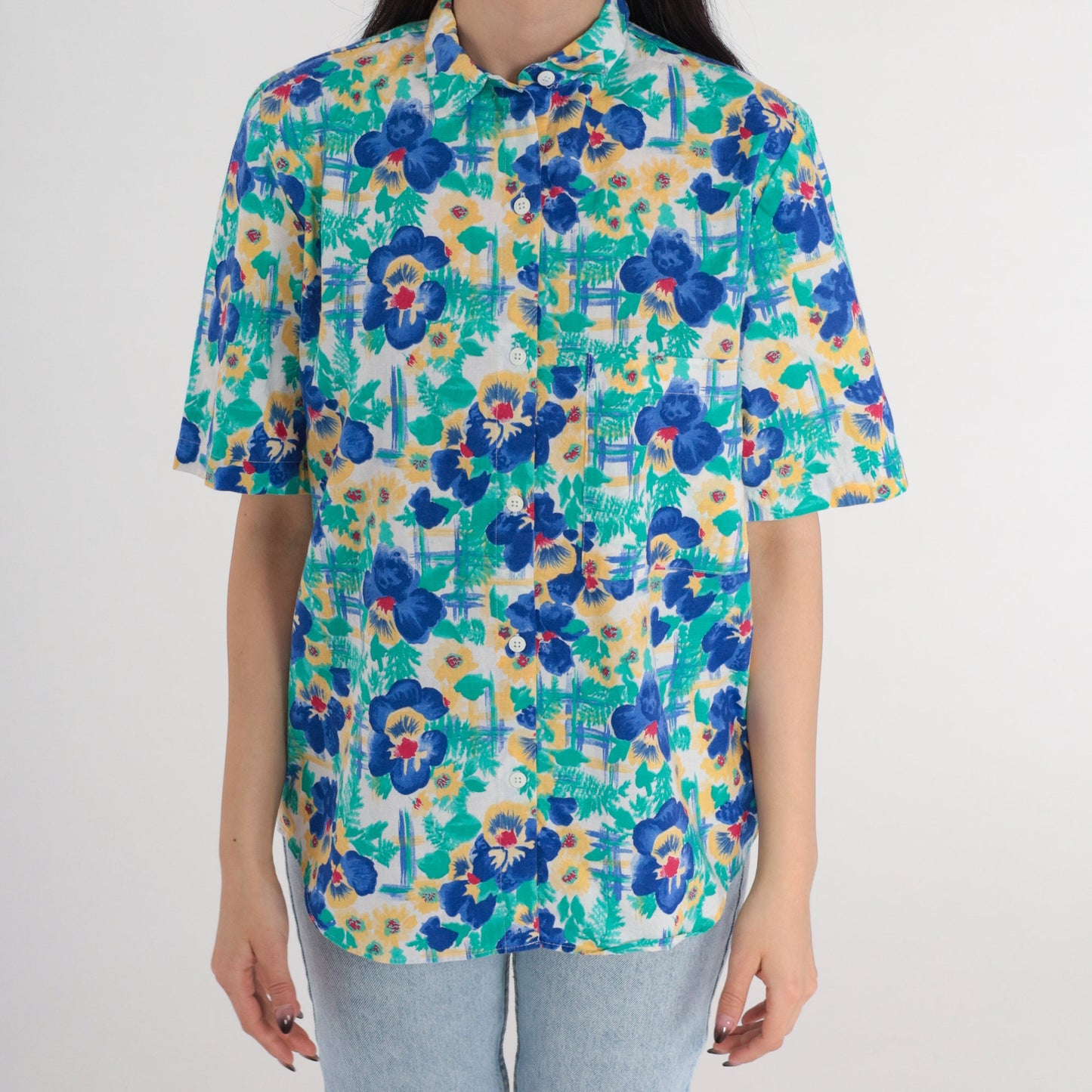 90s Cherokee Floral Button-Up Blouse Short Sleeve Cotton Green Blue Yellow Red Small S