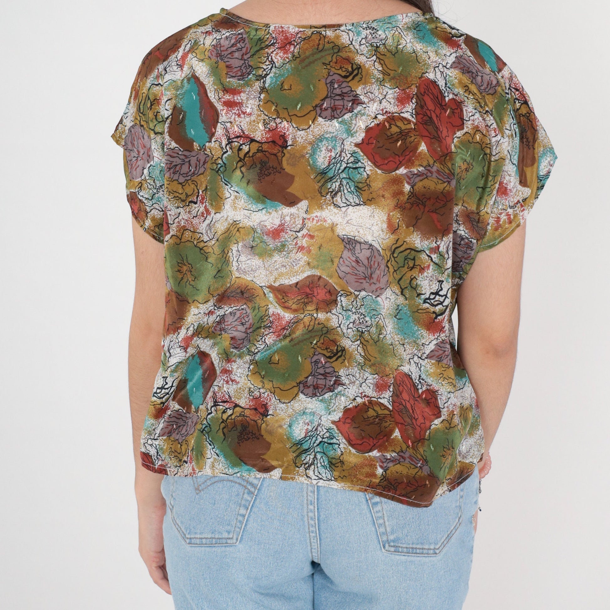 90s Abstract Floral Shirt Cap Sleeve Blouse Olive Green White Brown Medium Large