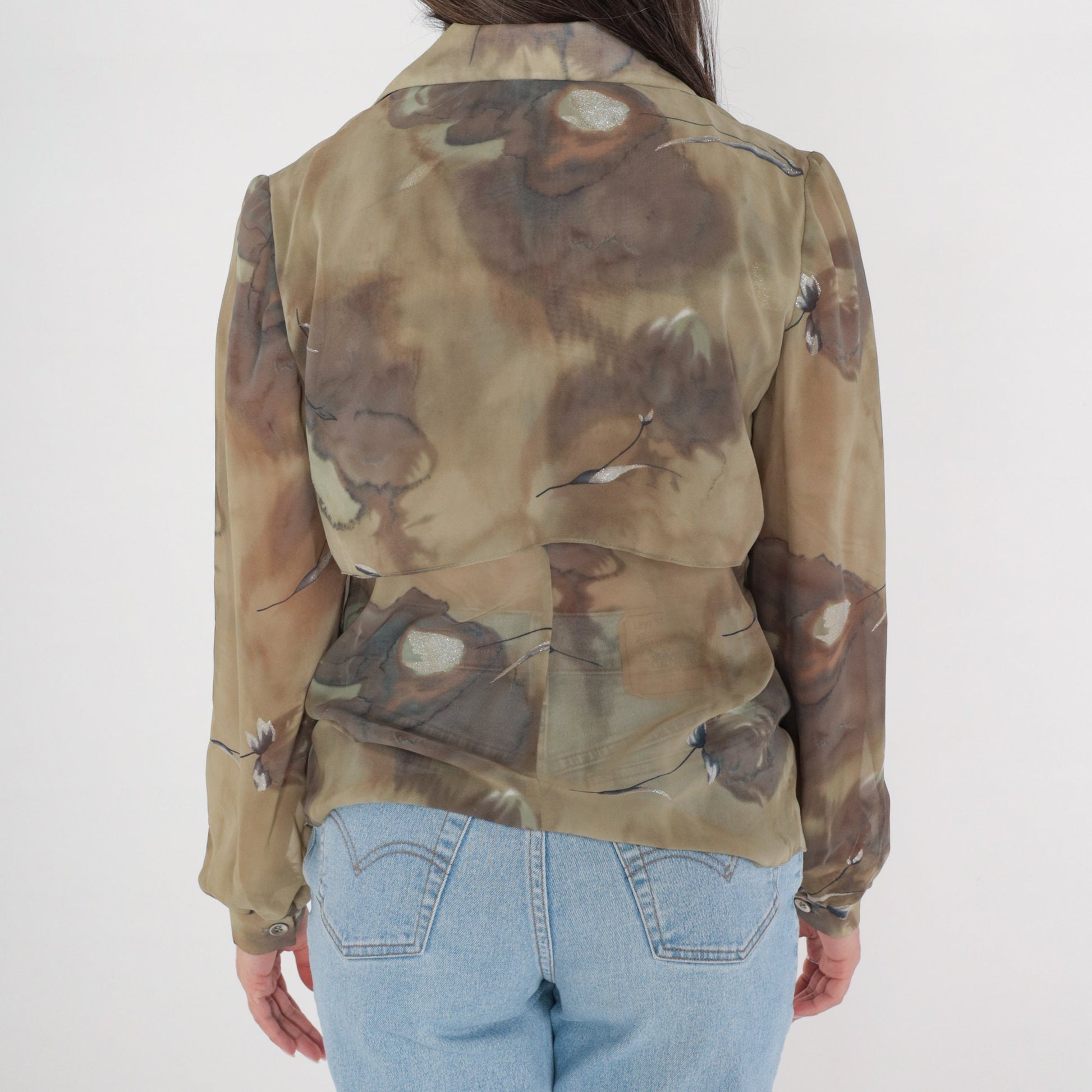 90s Olive Green Abstract Watercolor Glitter Button-Up Blouse Long Sleeve Medium