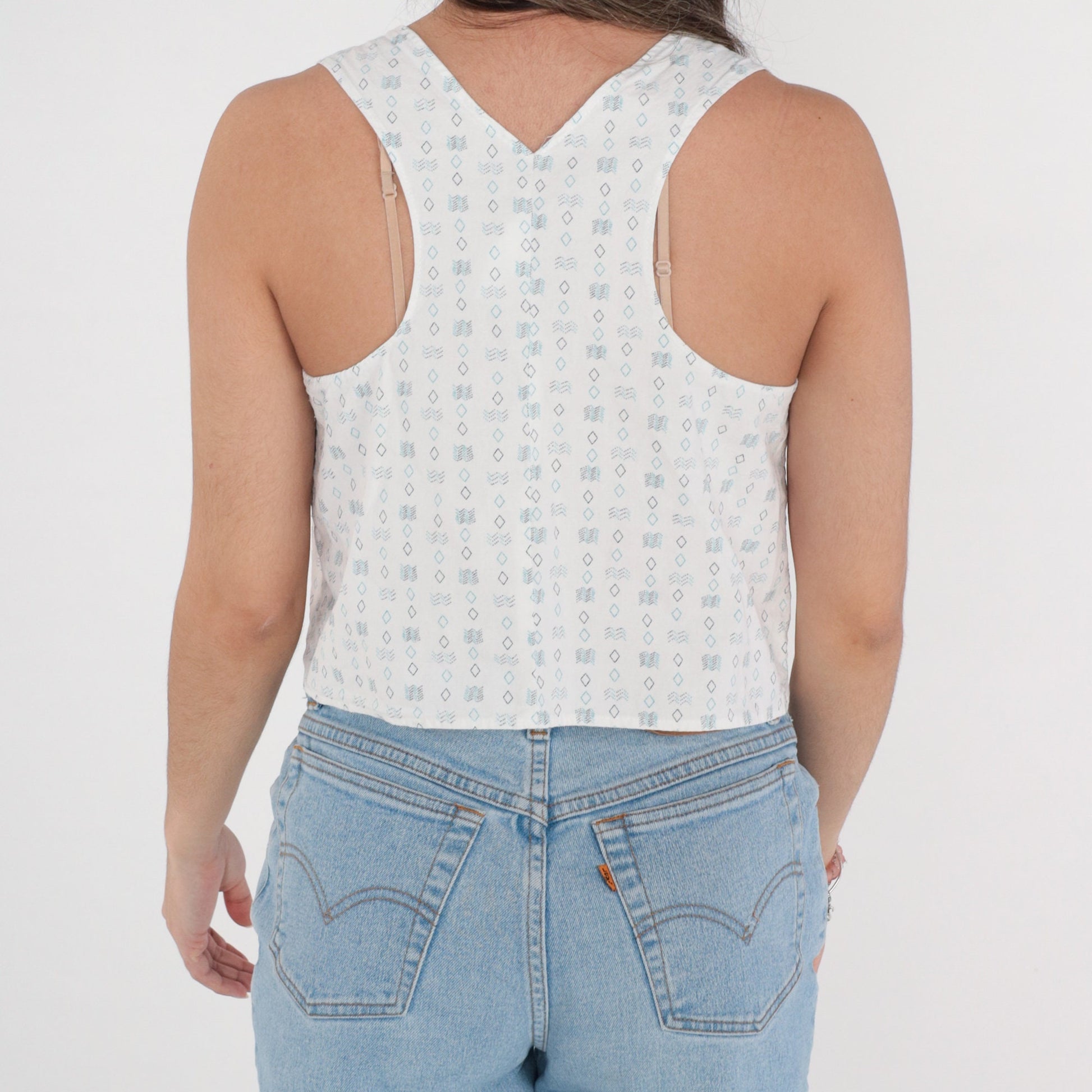 90s White Crop Tank Top Racerback Diamond Zigzag Print Small