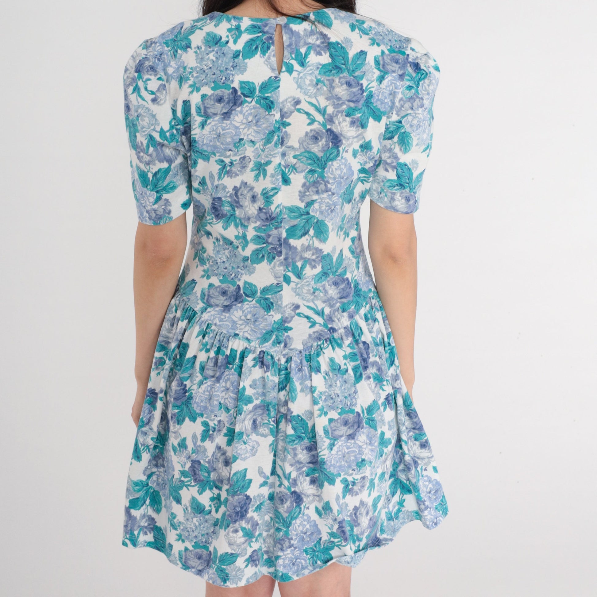 80s Floral Mini Dress Puff Sleeve White Rose Print Basque Waist Small