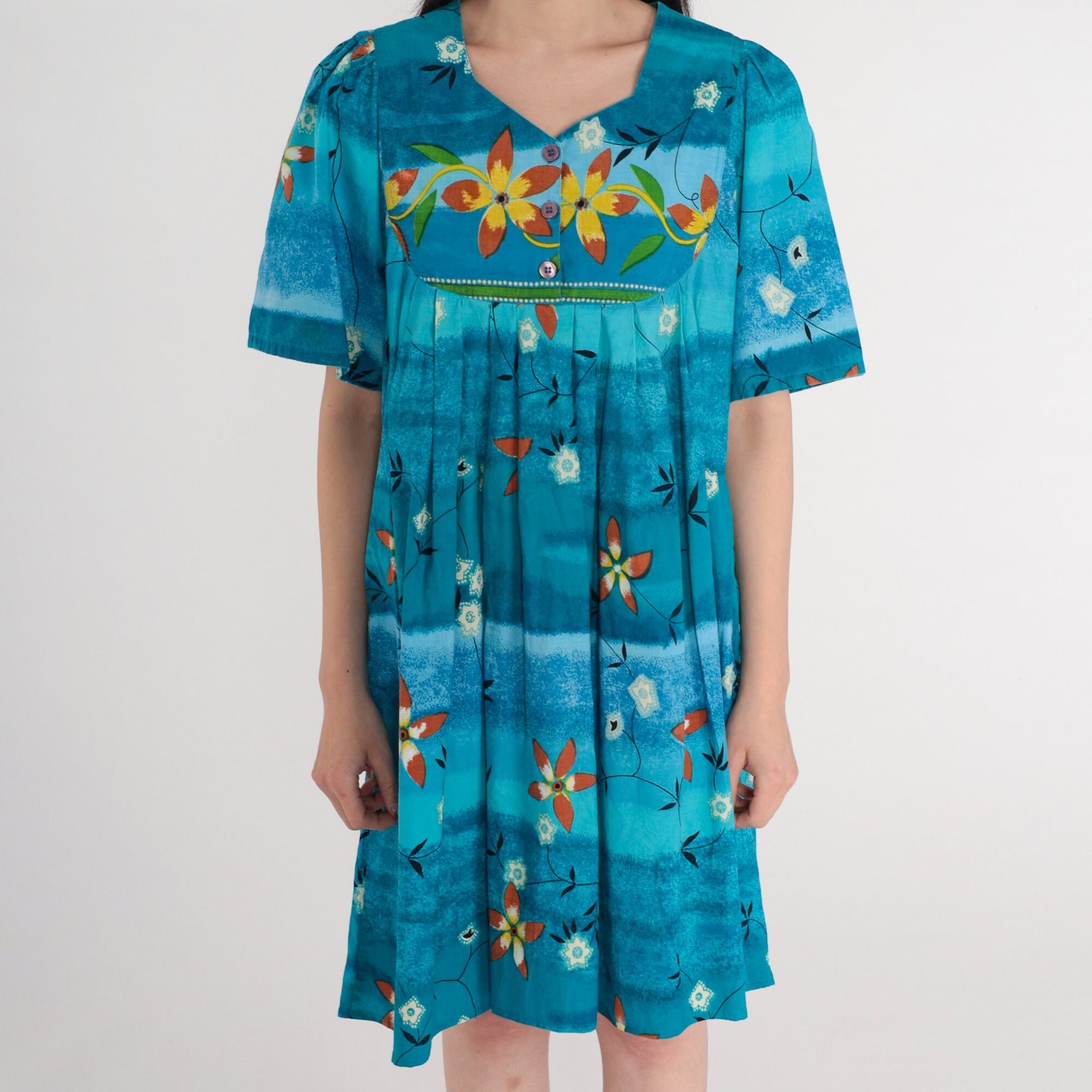80s Tie Dye Floral Mini Dress Blue Tropical Cotton Tent Cut Pockets Small