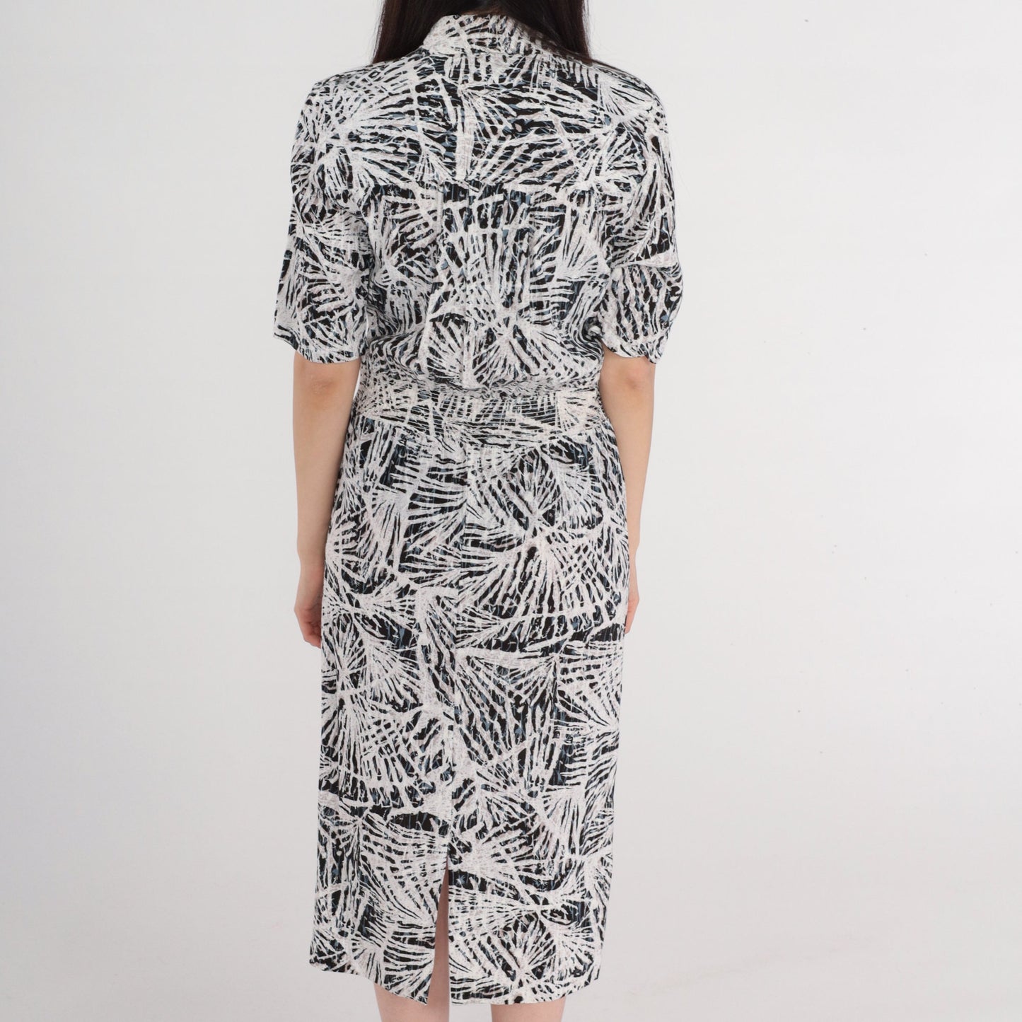 90s Abstract Print Midi Wrap Dress Collared V-Neck Pockets Small