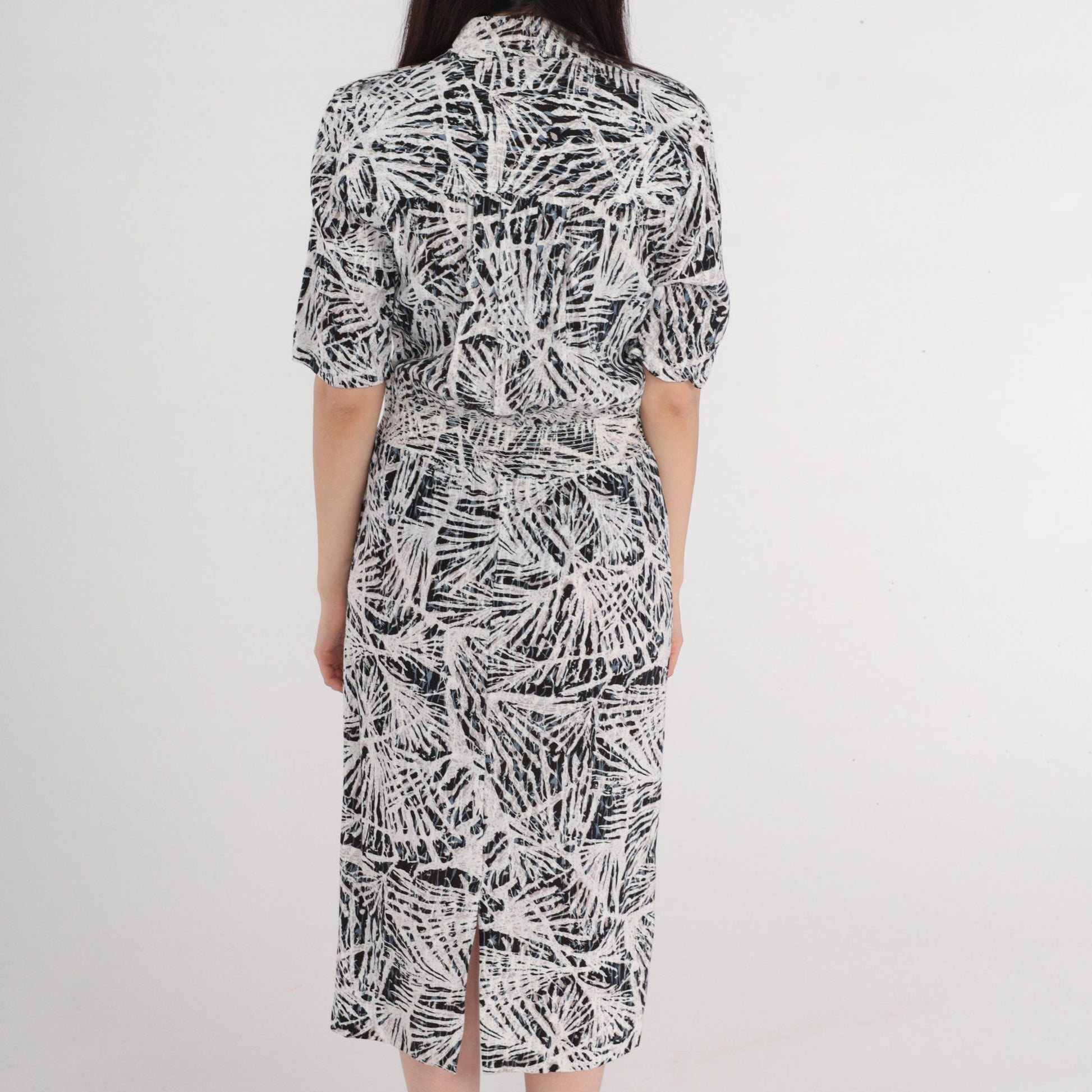 90s Abstract Print Midi Wrap Dress Collared V-Neck Pockets Small