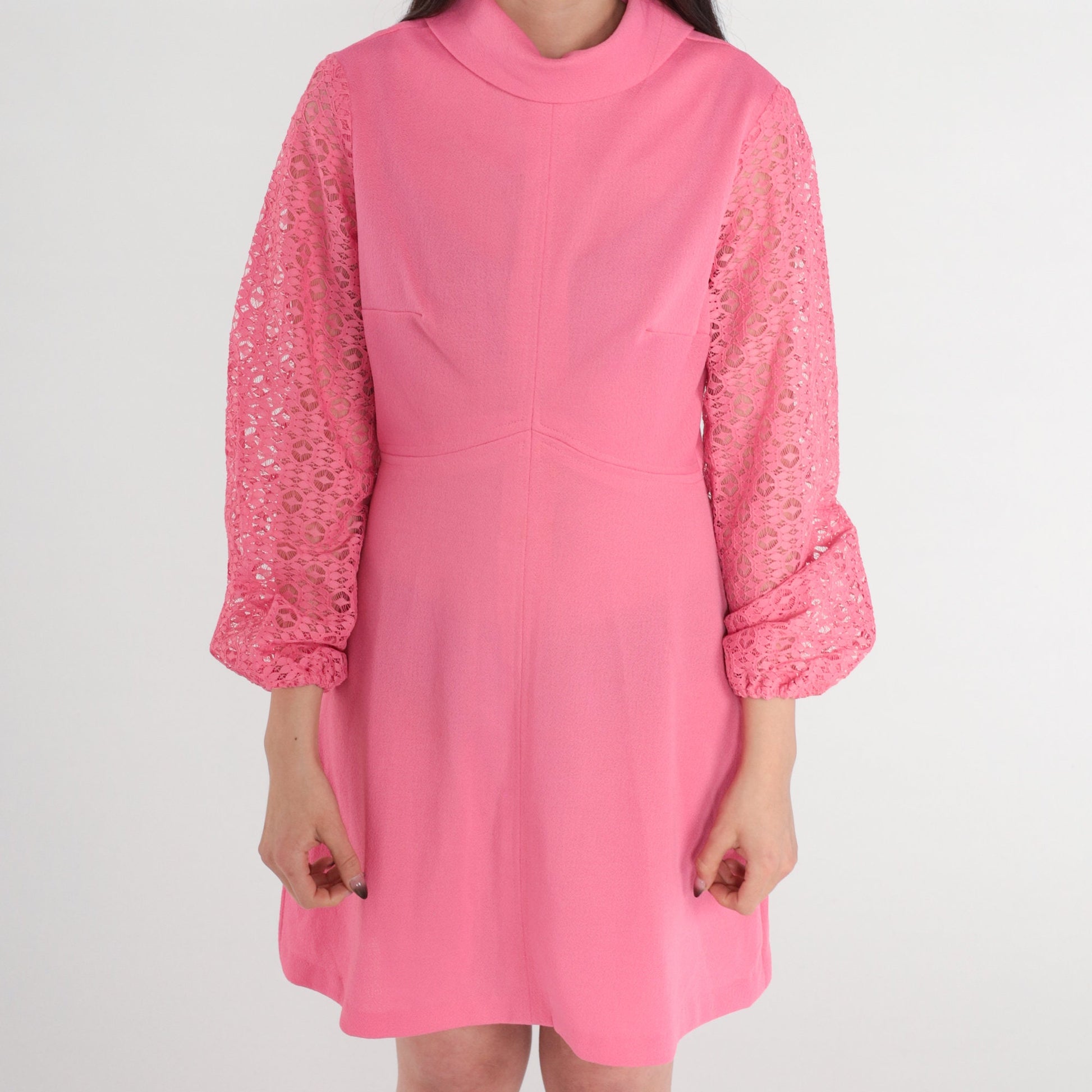 70s Pink Mini Dress Empire Waist Sheer Lace Sleeves Mock Neck Small