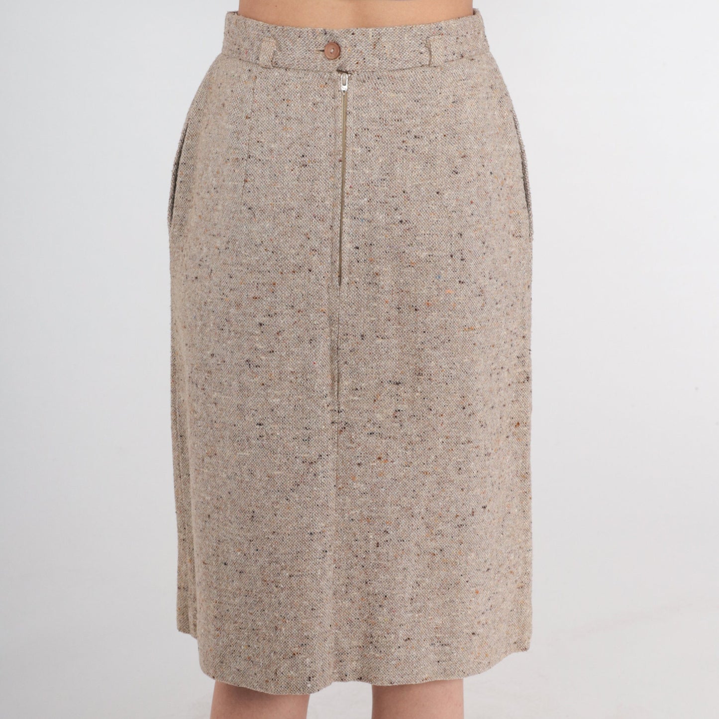 70s Wool Blend Pencil Skirt Tan High Waist Midi Front Slit Small