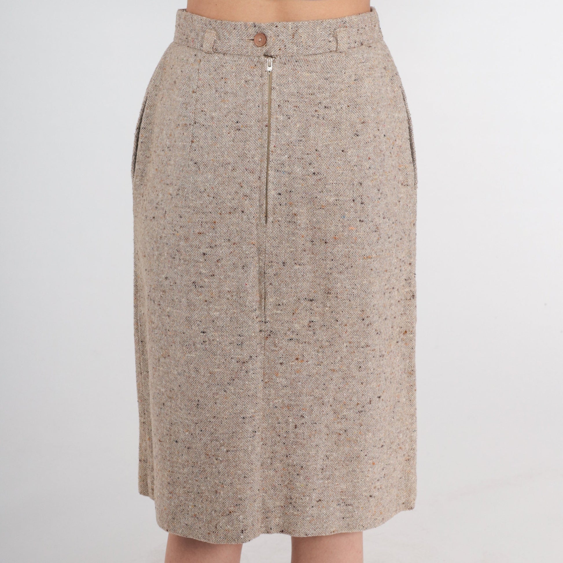 70s Wool Blend Pencil Skirt Tan High Waist Midi Front Slit Small
