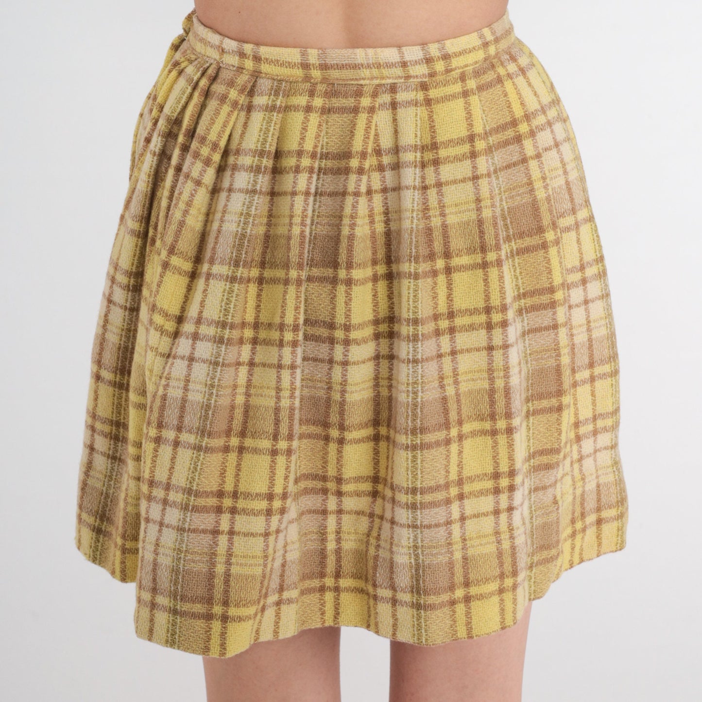 60s Yellow Plaid Wool Mini Skirt High Waisted Pleated School Girl Extra Small