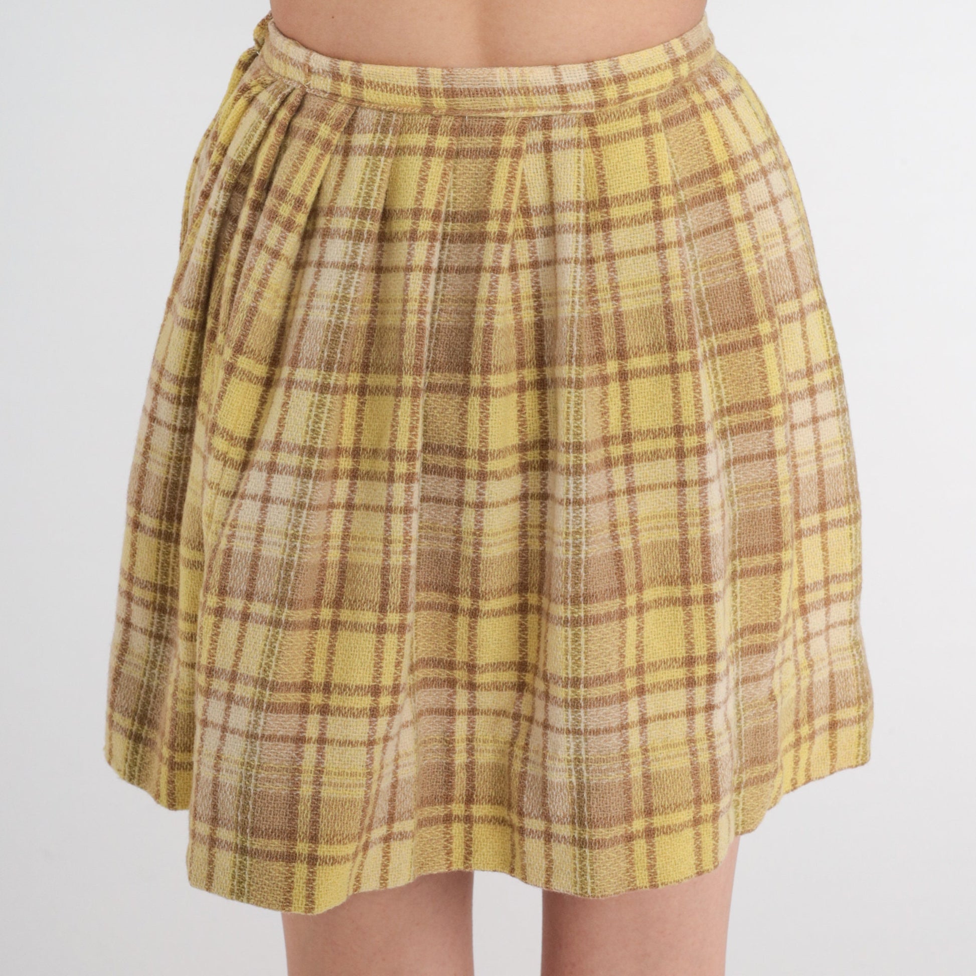 60s Yellow Plaid Wool Mini Skirt High Waisted Pleated School Girl Extra Small