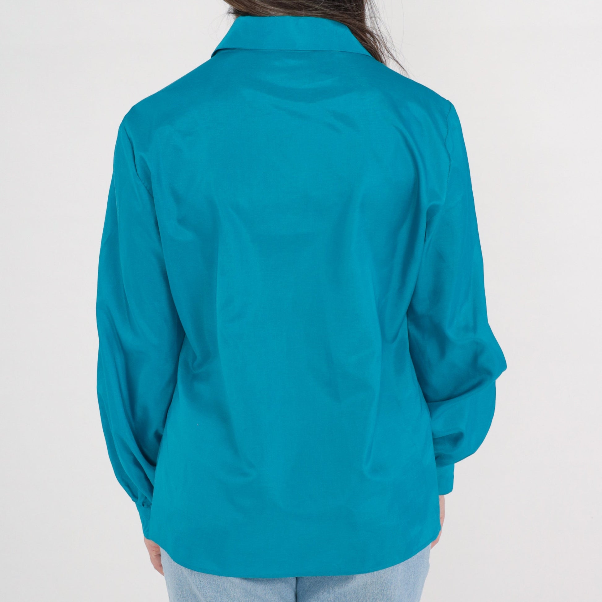 80s Lady Manhattan Blue Button-Up Blouse Shoulder Pleats Collared Long Sleeve Large