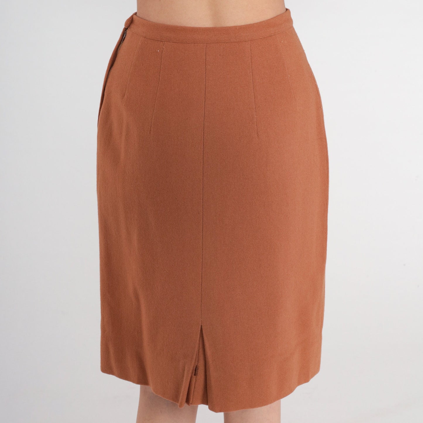 70s Brown Wool Mini Pencil Skirt High Waist Rear Slit Small