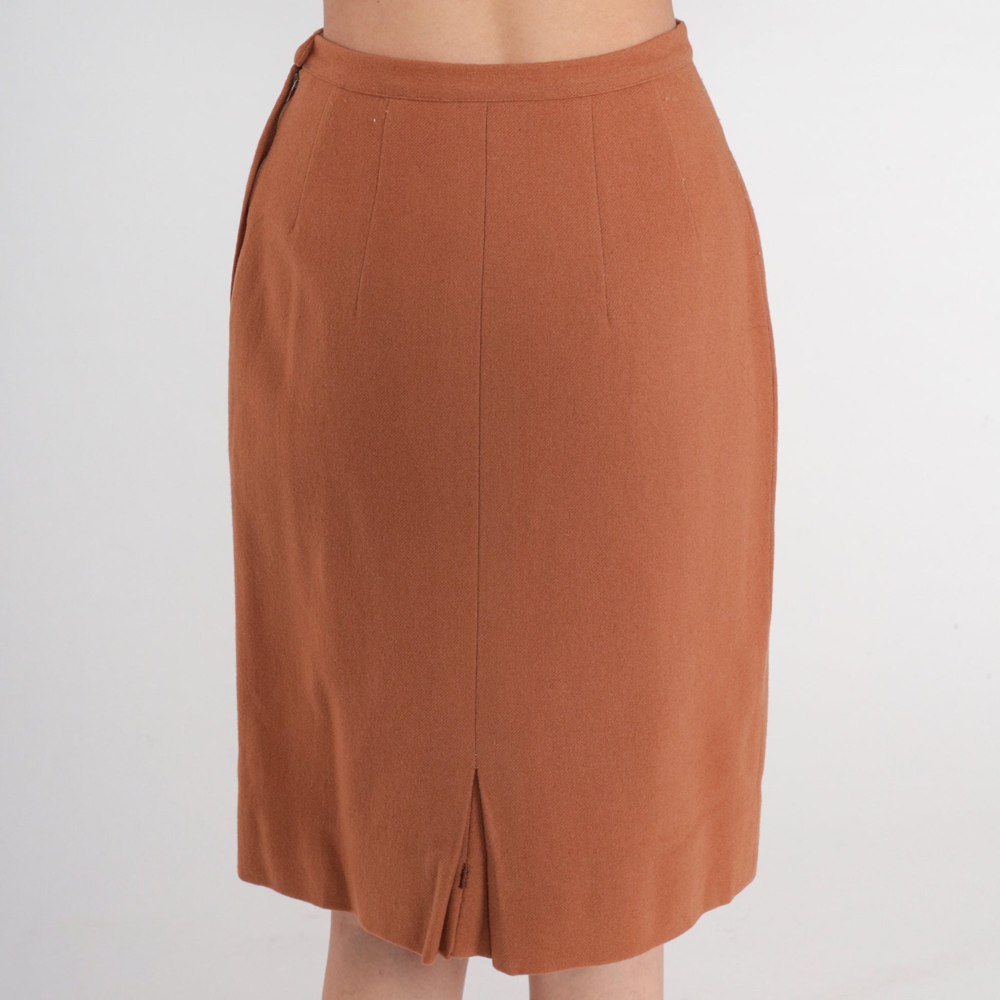 70s Brown Wool Mini Pencil Skirt High Waist Rear Slit Small