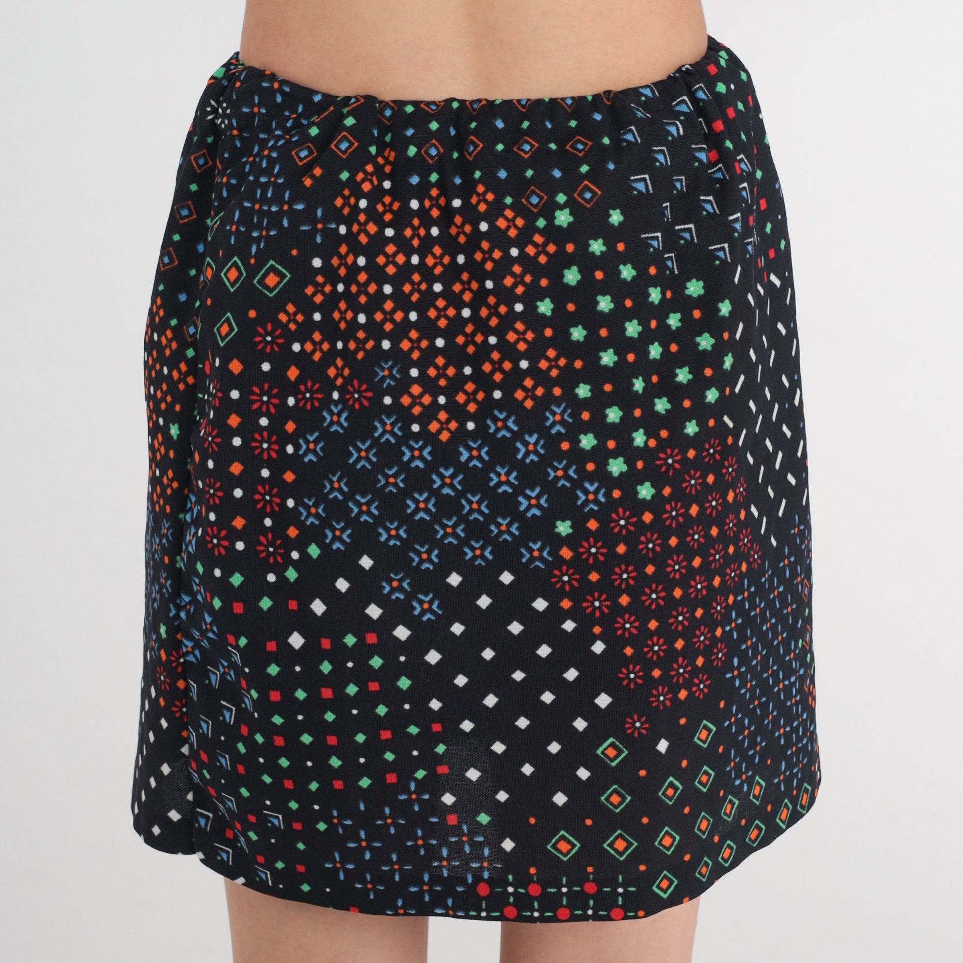 70s Black Geometric Mini Skirt High Waisted Multicolor Print Extra Small